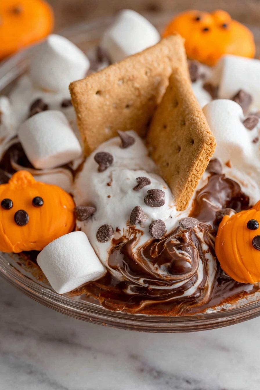 Halloween S'mores Dip with Peeps Marshmallows, Halloween dessert ideas, easy Halloween treats, festive s'mores dip, peeps marshmallow recipes - This image shows a close-up of melted marshmallows and chocolate on a clear glass plate, set on a white marbled surface. The marshmallows are white and puffy with small chocolate chips on top, and they are melted into gooey white and dark brown swirls of chocolate. There are two pieces of light brown graham crackers standing upright in the melted mix. Bright orange pumpkin-shaped cookies with smooth icing and small chocolate chips as eyes are placed on and around the marshmallows. The mixture looks soft and sticky with different textures from smooth melted chocolate to the rough surface of the graham crackers. Photo taken with an iphone --ar 2:3 --v 7