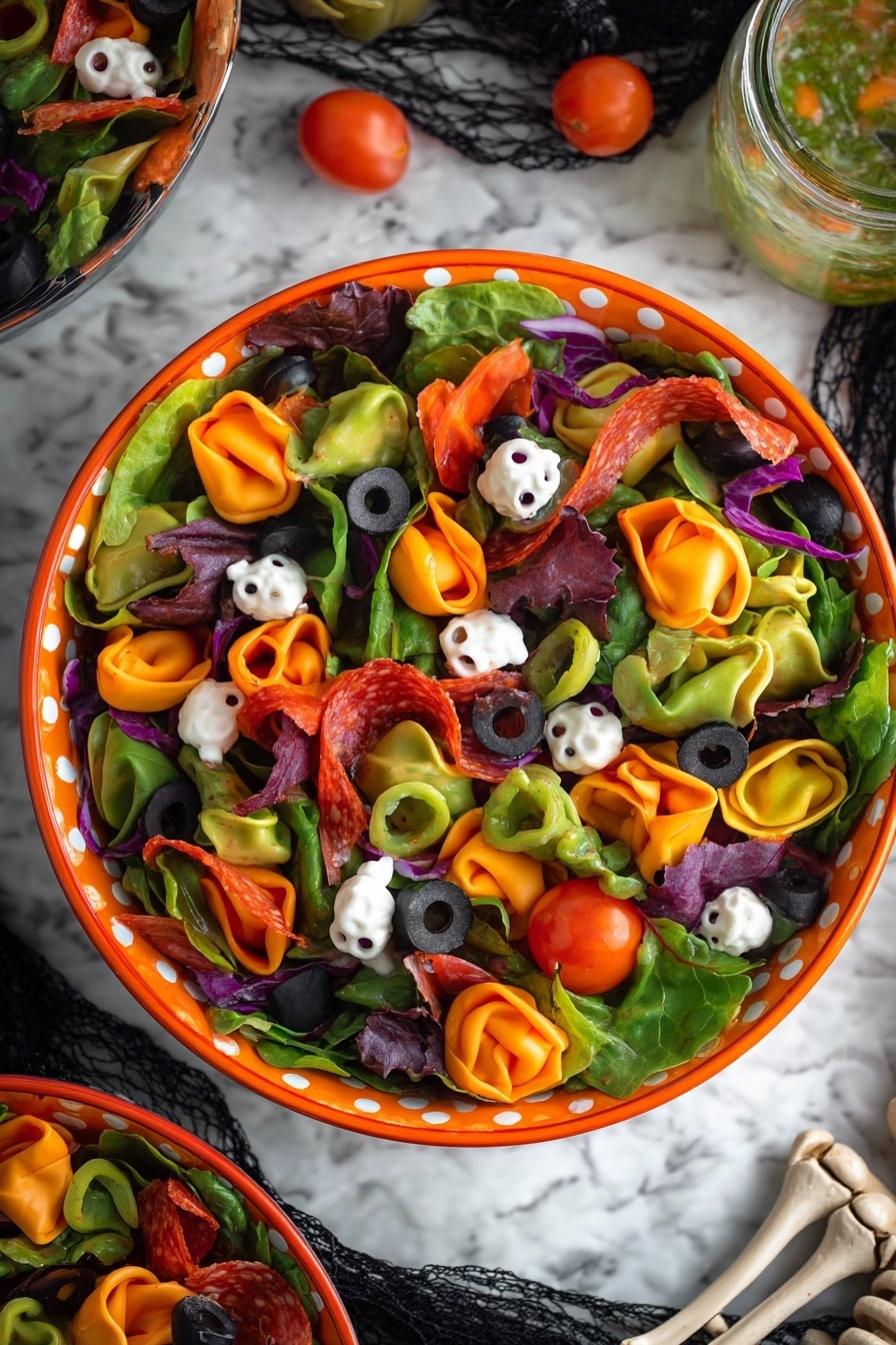 Spooky Halloween Salad with Colorful Tortellini, fun Halloween party recipes, Halloween pasta salad, festive spooky salads, Halloween appetizer ideas - A colorful salad in a white bowl with an orange rim and white dots around it, placed on a white marbled surface covered with a black spider web pattern. The salad has three layers: the bottom layer is a mix of green and purple lettuce leaves, the middle layer contains green, orange, and purple small stuffed pasta, and the top layer includes small yellow and red cherry tomatoes, sliced black olives, red pepper rings, sun-dried tomato pieces, and small white skull-shaped toppings. Two white skeleton arms rest on the salad, crossing each other diagonally over the bowl. Nearby, there are glass bottles with green and amber liquids, adding a spooky atmosphere. Photo taken with an iphone --ar 2:3 --v 7