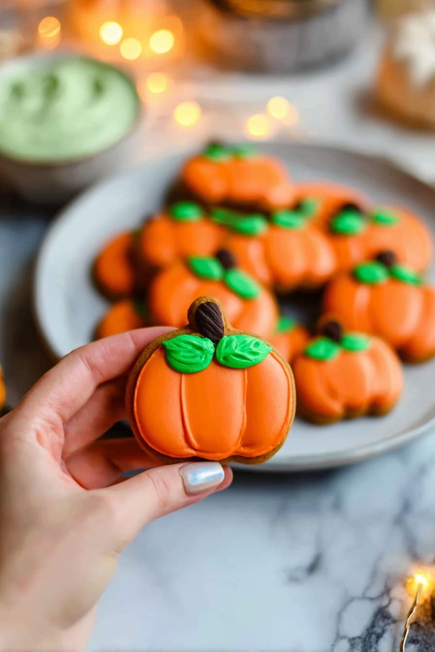 Halloween Pumpkin Cookies, Halloween Pumpkin Cookies recipe, festive pumpkin cookies, Oreo pumpkin cookies, fun Halloween treats - A woman's hand holds a small pumpkin-shaped cookie with orange frosting covering the whole cookie, two bright green oval leaves on top, and a small brown stem shaped frosting at the center. Below the hand, there is a white round plate filled with similar pumpkin cookies, each decorated the same way with orange frosting, green leaves, and brown stems. The cookies are arranged on a white marbled surface with a blurred white bowl of green frosting visible in the background. There are warm yellow lights softly glowing around the scene, adding a cozy feel. Photo taken with an iphone --ar 2:3 --v 7
