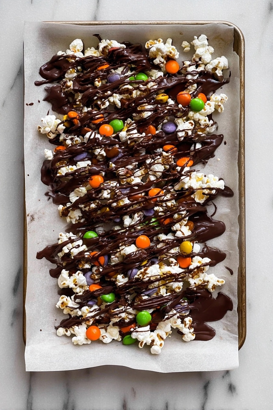 Halloween Chocolate Popcorn Treats, Halloween popcorn snacks, festive Halloween candy, easy Halloween party treats, spooky popcorn recipes - The image shows a baking tray lined with white parchment paper on a white marbled surface, holding a mix of popcorn and colorful candy pieces scattered unevenly. The top layer is thickly covered with melted dark chocolate, with additional thin dark chocolate drizzles spread randomly over everything. The popcorn is white and fluffy, and the candies are round in bright orange, green, and purple colors, partially covered by the chocolate. The overall presentation looks messy but delicious, with shiny melted chocolate contrasts and vibrant candy colors. Photo taken with an iphone --ar 2:3 --v 7