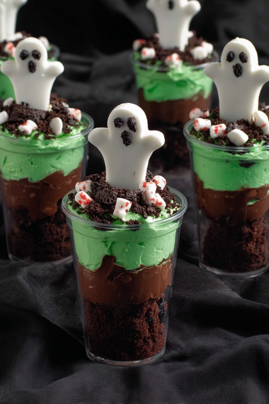 Boo Halloween Dessert Cups, Halloween dessert ideas, spooky Halloween treats, easy Halloween dessert, Halloween party desserts - This image shows six clear cups filled with a Halloween-themed dessert, placed on a black cloth. Each cup has three visible layers: the bottom layer is dark brown, crumbly, and looks like crushed cake or dirt; the middle layer is smooth and thick dark brown pudding; the top layer is bright green whipped cream or frosting. On top of the green layer, there are small bone-shaped white candies with red specks scattered, along with dark crumbly bits. Standing upright in each cup is a white ghost-shaped cookie with black eyes and mouth, giving a spooky look. Photo taken with an iphone --ar 2:3 --v 7