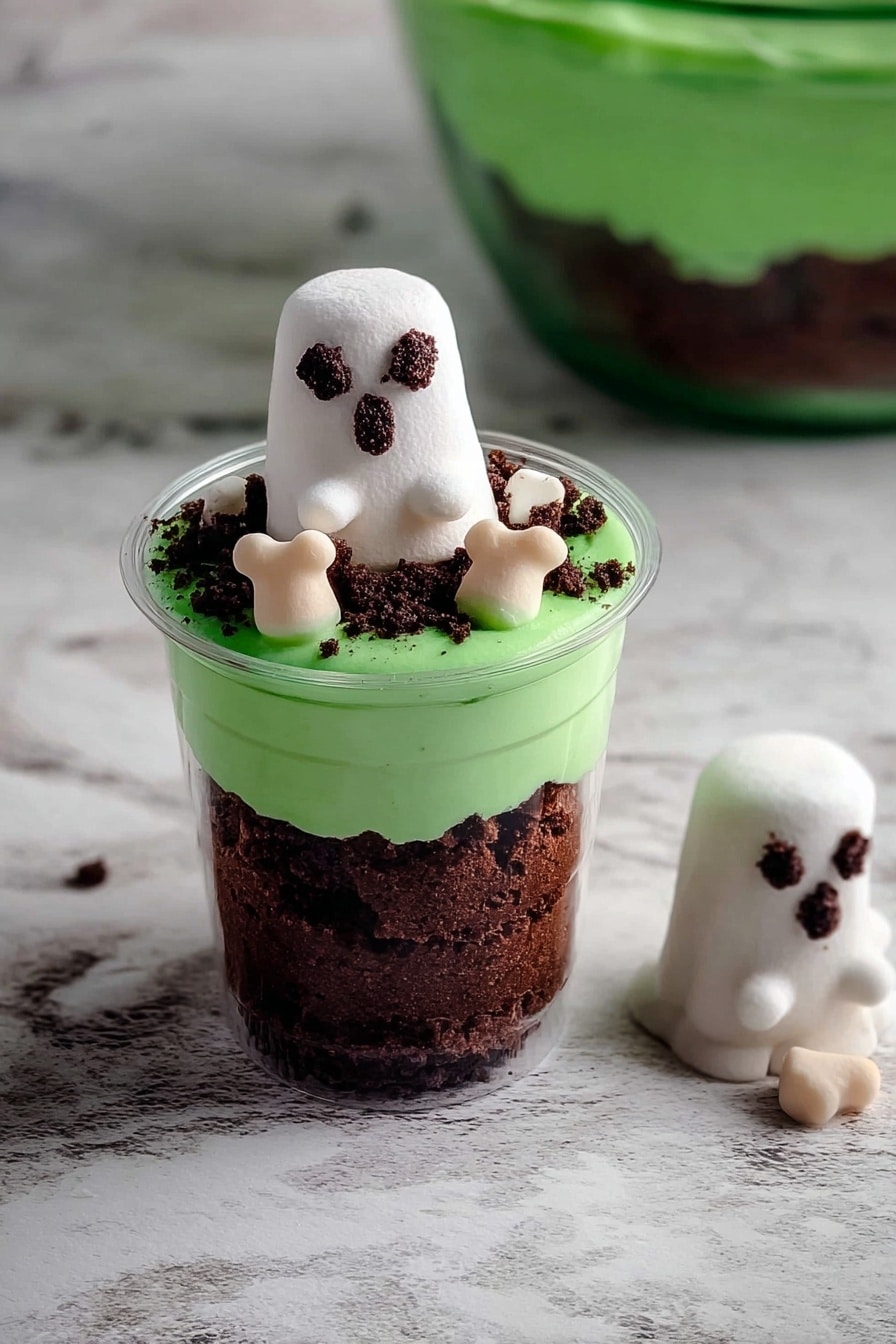 Boo Halloween Dessert Cups, Halloween dessert ideas, spooky Halloween treats, easy Halloween dessert, Halloween party desserts - A clear cup shows three layers: the bottom two layers are dark brown cake pieces, and the top layer is a smooth, bright green frosting. On top of the green frosting sits a small white ghost-shaped marshmallow with black eyes and mouth, surrounded by small dark brown crumbs and tiny beige bone-shaped candies. Another white ghost marshmallow lies on the white marbled surface next to the cup, with a green mixing bowl partially visible behind. Photo taken with an iphone --ar 2:3 --v 7