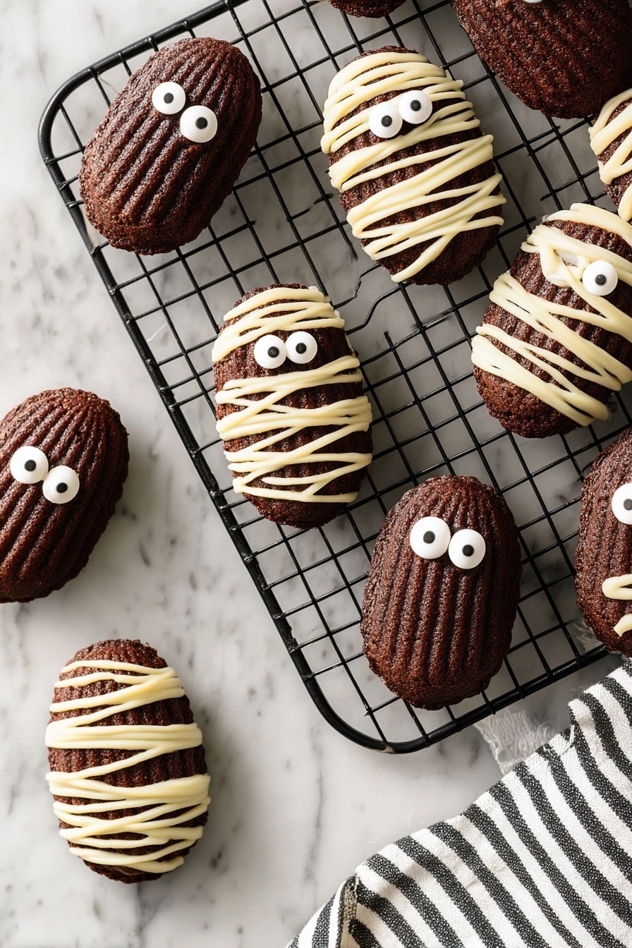 Chocolate Madeleine Mummies, Halloween madeleine cakes, spooky chocolate treats, festive Halloween desserts, mummy-themed baked goods - The image shows several small, dark brown oval cakes placed on a white marbled surface. Most of the cakes are decorated like mummies with a crisscross pattern of light cream-colored icing draped over them in thin, ribbon-like lines. Each decorated cake has two small, round white candy eyes with black dots in the center, placed near the top. One plain cake without decoration is visible, showing a ridged texture on top. There is a cooling rack partially in the top left corner with a few cakes on it, and a small sprinkle of cocoa powder is scattered near the cakes. Photo taken with an iphone --ar 2:3 --v 7