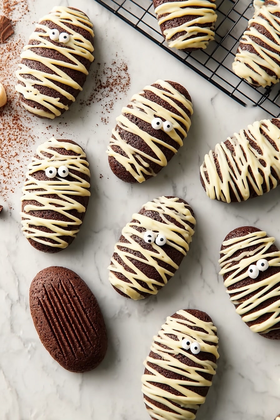 Chocolate Madeleine Mummies, Halloween madeleine cakes, spooky chocolate treats, festive Halloween desserts, mummy-themed baked goods - The image shows several small, dark brown madeleine cakes shaped like shells arranged on a black wire cooling rack and a white marbled surface. Some of the madeleines are decorated to look like mummies, with white icing drizzled in crisscross lines over the top layer, creating a bandage effect. Each mummy madeleine also has two small, round white candy eyes placed near the top center. The plain madeleines are smooth with ridges on the surface and are a rich chocolate color. A striped black and white cloth is partially visible in the bottom right corner. photo taken with an iphone --ar 2:3 --v 7