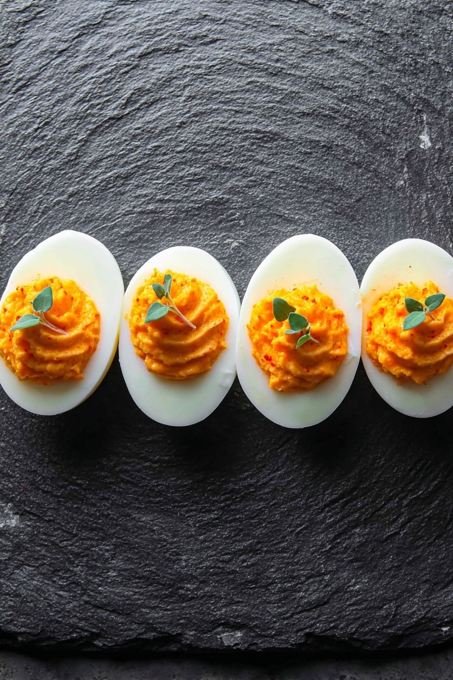 Halloween Deviled Eggs, Spooky Food Ideas, Colorful Halloween Recipes, Creative Halloween Appetizers, Festive Party Foods - Four halves of hard-boiled eggs are lined up on a dark gray slate surface with a rough texture. Each egg half has a smooth white outer layer and is filled with a bright orange creamy mixture, topped with a small green herb leaf for decoration. The orange filling has a slightly textured surface with small ridges. The scene is well lit, showing clear contrasts between the white eggs, bright orange filling, and dark background. photo taken with an iphone --ar 2:3 --v 7
