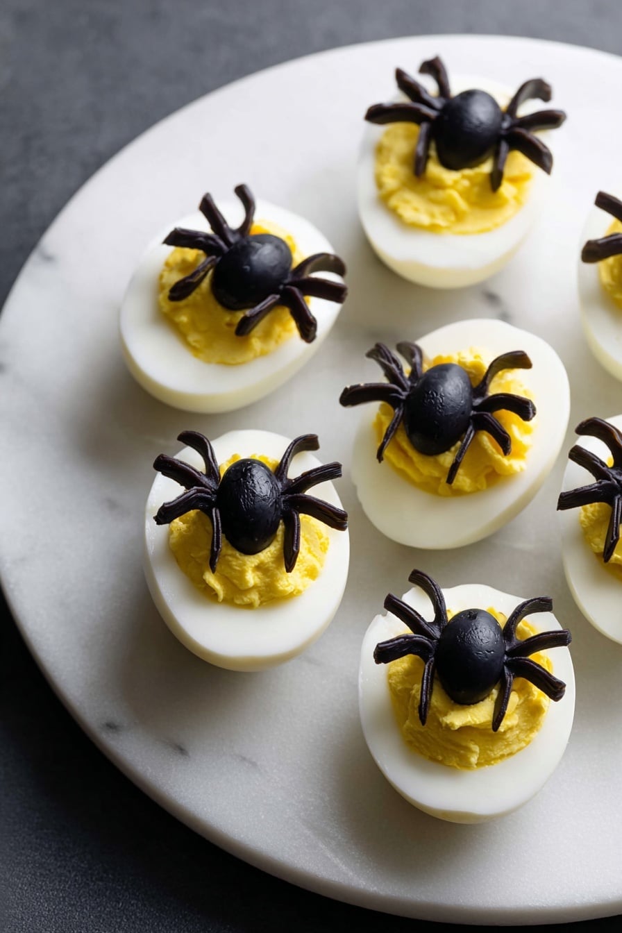 Halloween Deviled Eggs, Spooky Food Ideas, Colorful Halloween Recipes, Creative Halloween Appetizers, Festive Party Foods - Five halved boiled eggs are arranged on a round white plate placed on a white marbled surface. Each egg has a smooth white outer layer and is filled with yellow mashed yolk. On top of each yolk filling, there is a small black olive cut in half to form a spider body, with thin olive slices arranged around it as spider legs, creating a spider decoration on each egg. Photo taken with an iphone --ar 2:3 --v 7