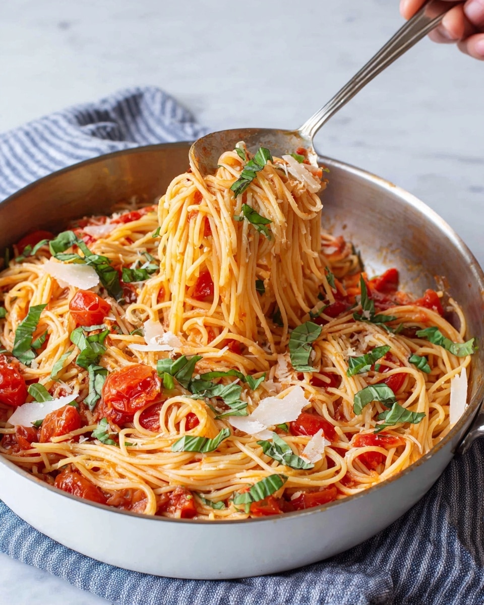 A white pan filled with long, thin spaghetti noodles evenly coated in a light red tomato sauce with small chunks of bright red tomatoes mixed throughout. Fresh green basil leaves are scattered on top along with thin, white shavings of cheese. A shiny fork and spoon held by a woman's hand lift a tangle of noodles and tomatoes from the pan. The pan rests on a blue-striped cloth on a white marbled surface. Photo taken with an iphone --ar 4:5 --v 7