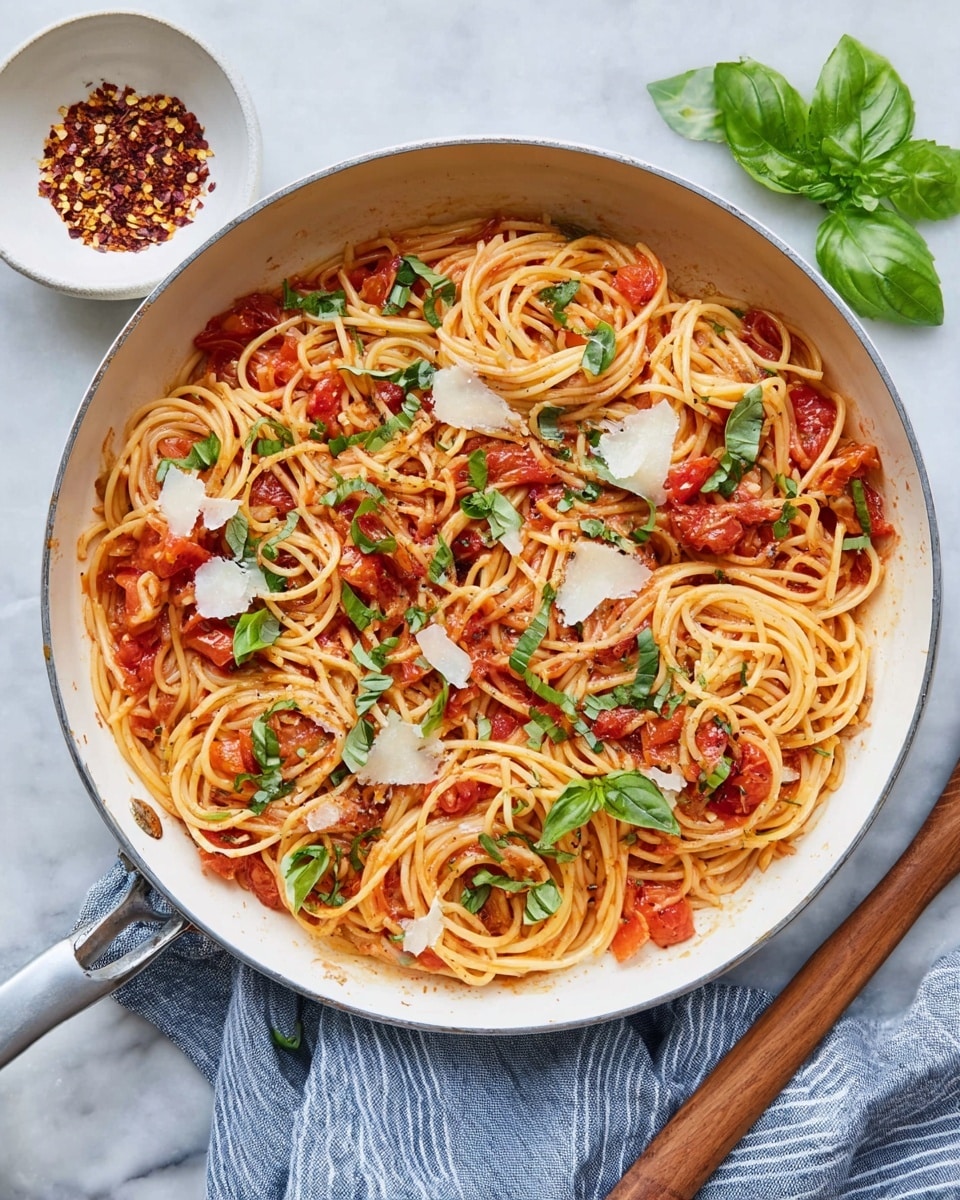 A white pan filled with spaghetti layered with a light red tomato sauce and chunks of cooked tomatoes throughout. The spaghetti is mixed well and topped with scattered fresh green basil leaves and thin shavings of pale yellow cheese. To the upper left of the pan, a small white bowl holds red pepper flakes, and to the right of the pan, two fresh whole basil leaves rest on a white marbled surface. A wooden spoon with a light brown handle rests against the pan on a blue-striped cloth. Photo taken with an iphone --ar 4:5 --v 7