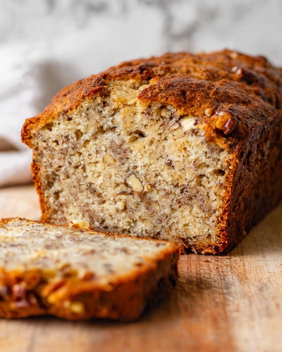 The image shows two slices of moist banana nut bread placed on a wooden board with a large loaf in the background. The bread has a golden-brown crust with a slightly darker top layer and a soft inner texture. The inside of the slices is light brown with visible small chunks of walnuts spread throughout, giving a rough texture. The wooden board has a warm tone and displays a natural grain pattern with different shades of brown. The focus is close up, showing the details of the bread clearly. Photo taken with an iphone --ar 4:5 --v 7