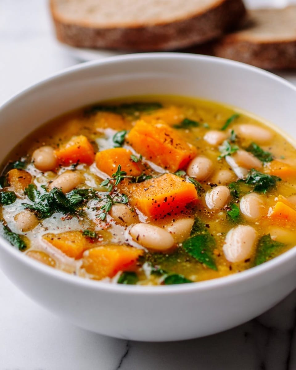 A white bowl filled with a warm soup showing a mix of bright orange pumpkin pieces and soft white beans floating in a clear, light yellow broth. There are small green leaves and herbs scattered throughout the soup, adding a fresh look. The bowl is placed on a white marbled surface with blurred slices of brown bread in the background, giving a cozy feel. The soup's texture looks smooth with visible herbs and tosses of black pepper on top. Photo taken with an iphone --ar 4:5 --v 7