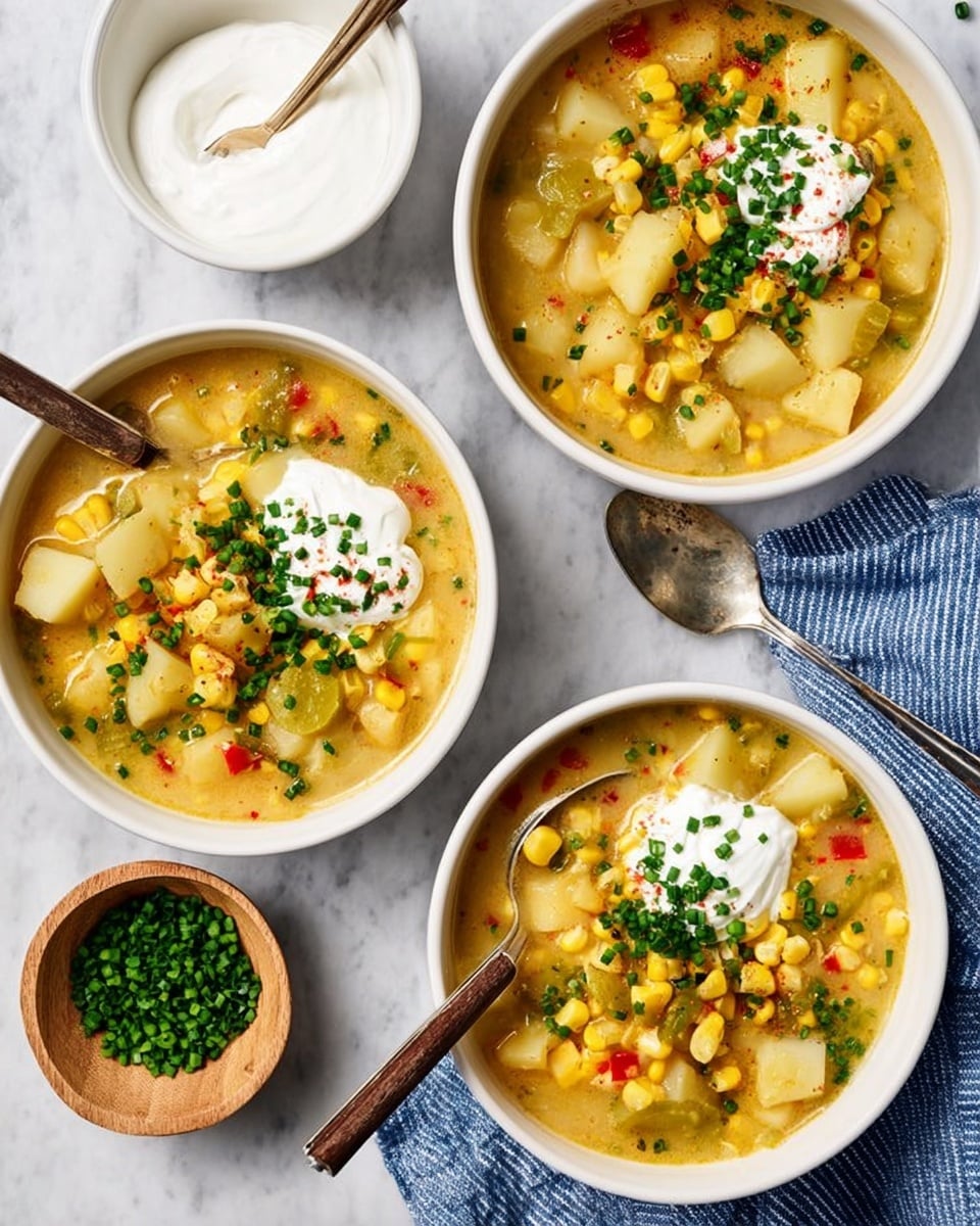 Three white bowls filled with creamy soup are placed on a white marbled surface. Each bowl contains a thick soup with chunks of pale yellow potatoes, bright yellow corn kernels, pieces of light green celery, and small bits of red pepper. The soup is topped with a dollop of white sour cream and sprinkled with finely chopped dark green chives. Two spoons with brown wooden handles rest in two of the bowls, one spoon is partially inside the soup showing some of the ingredients. A small round wooden bowl filled with chopped chives is nearby, and a white bowl with extra sour cream sits on the side. A blue and white striped cloth is placed near the top right corner along with an empty spoon. Photo taken with an iphone --ar 4:5 --v 7