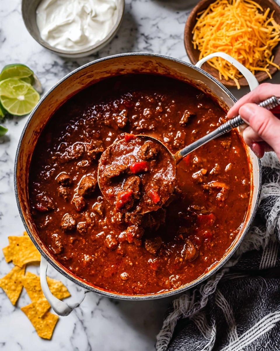 A white pot filled with thick, rich chili showing deep red sauce mixed with chunks of beef and small pieces of red peppers, with some bits of beans visible; a woman's hand holding a ladle scooping up a hearty portion from the center, the ladle covered with the textured sauce and meat; around the pot are a white bowl with sour cream, a bowl filled with shredded yellow cheese, and a few yellow tortilla chips scattered on a white marbled surface, along with part of a lime wedge and a striped cloth in the corner; photo taken with an iphone --ar 4:5 --v 7
