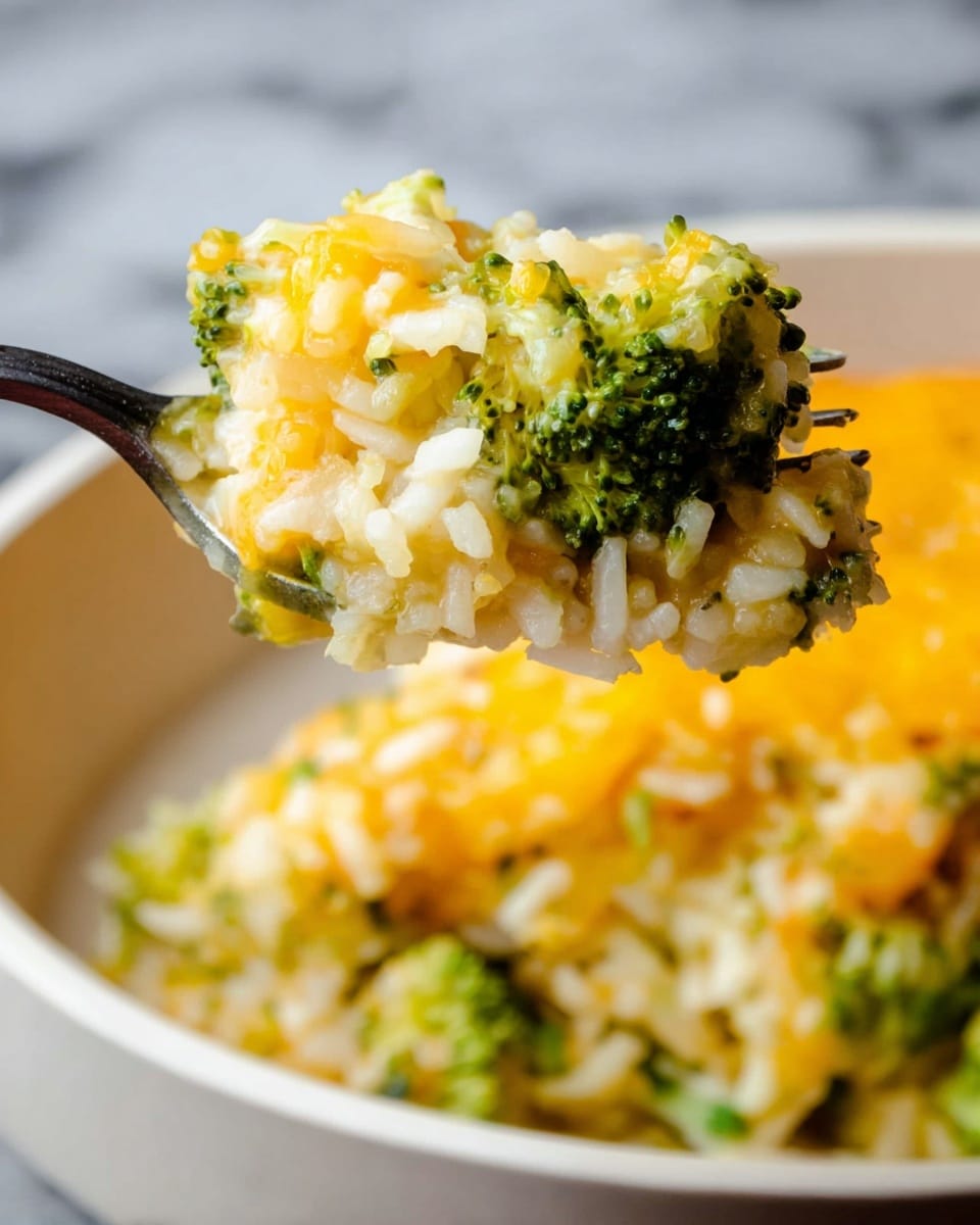 A close-up of a fork holding a bite of cheesy broccoli rice showing three main layers: at the bottom, white rice grains that look soft and fluffy; in the middle and top parts, bright green broccoli pieces with a rough, bumpy texture; and melted yellow-orange cheese that coats the rice and broccoli smoothly and slightly shiny. The background and surface are a white marbled texture, with the dish itself placed on a white plate. photo taken with an iphone --ar 4:5 --v 7