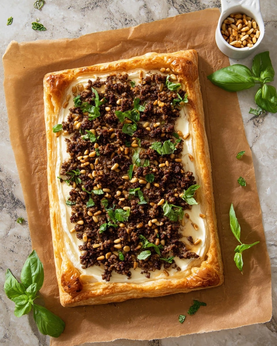 A rectangular puff pastry with a golden brown, crispy crust forms the base layer. On the pastry is a spread of smooth, creamy white layer covering most of the inside surface. Over this is a generous topping of cooked ground meat, dark brown with a crumbly texture. Scattered on top are small, golden toasted pine nuts and fresh green parsley leaves, adding color and texture contrast. The pastry lies on a sheet of brown parchment paper with a white marbled surface underneath. There are a few fresh basil leaves placed near the pastry and a small white measuring cup filled with more pine nuts in the top right corner. photo taken with an iphone --ar 4:5 --v 7