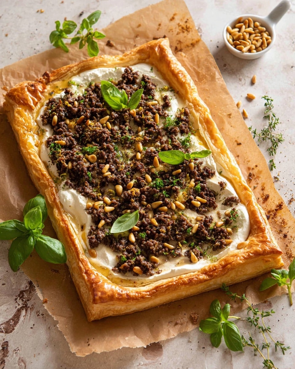A rectangular, golden-brown puff pastry base with thick, raised edges forms the first layer; on top lies a creamy, smooth white spread evenly covering the center. Scattered generously over the cream are browned, crumbly cooked ground meat pieces mixed with finely chopped green herbs, creating a contrast of dark and light textures. Toasted pine nuts are sprinkled throughout, adding a glossy tan color and slight shine, while fresh green basil leaves and small herb sprigs sit on top and around the pastry. The food is placed on a piece of brown parchment paper, all resting on a white marbled surface, and a small white measuring cup filled with pine nuts is in the background. Photo taken with an iphone --ar 4:5 --v 7