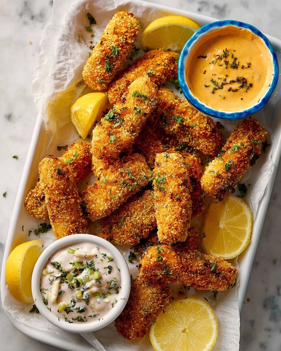 A white tray lined with white parchment paper holds about fifteen golden brown, crumb-coated fish sticks sprinkled with green herbs. There are bright yellow lemon wedges dispersed around the fish sticks, adding color contrast. Two small white bowls with blue rims sit on the tray; one holds a creamy light orange dipping sauce garnished with herbs, and the other contains a white tartar sauce with green bits and herbs on top. The setting is on a white marbled surface. photo taken with an iphone --ar 4:5 --v 7