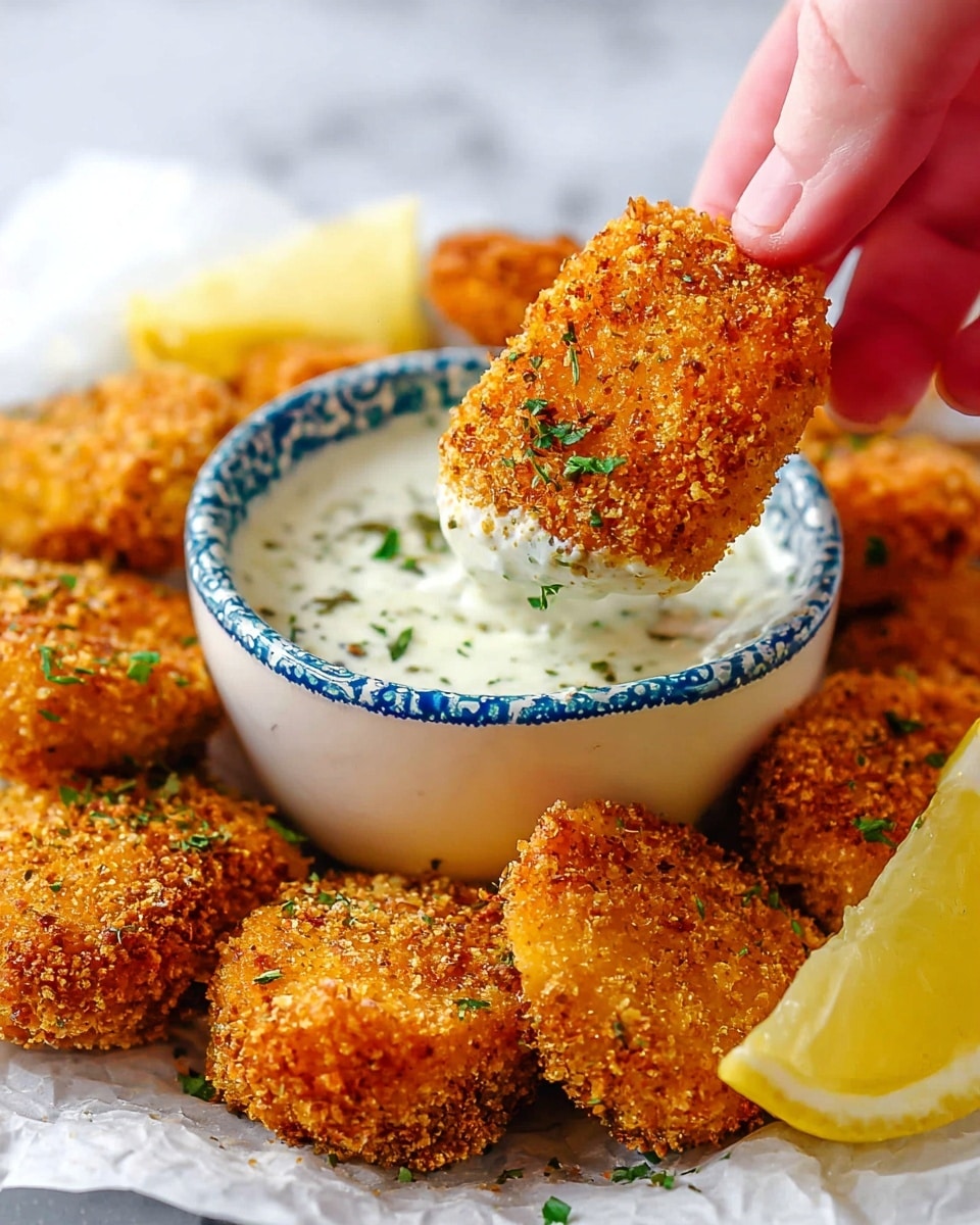 This image shows a close-up of a pile of golden-brown, crispy fried nuggets stacked in a white bowl. On top of the pile, there is one nugget dipped in a white cream sauce with green herbs mixed in, giving it a creamy and textured look. The nuggets have a rough, crunchy coating with small green specks scattered throughout. A slice of yellow lemon is placed near the bottom edge of the bowl. The background is a white marbled texture. photo taken with an iphone --ar 4:5 --v 7