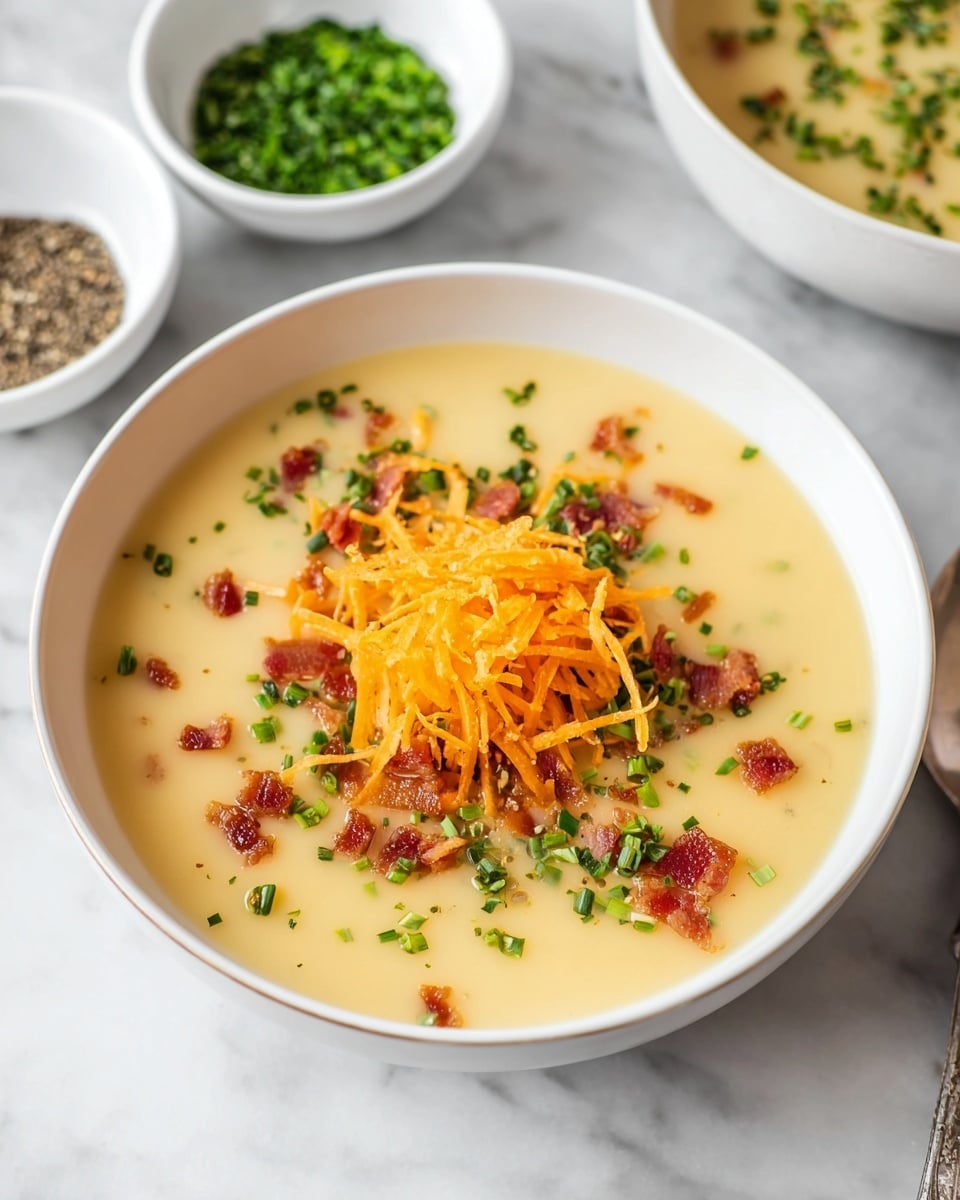 A white bowl filled with a smooth, creamy pale yellow soup topped with a small pile of thin orange shredded cheese in the center. Around the cheese, there are small pieces of crispy reddish-brown bacon and tiny green chopped herbs scattered evenly. In the background, there are two small white bowls, one filled with black pepper and the other with chopped green herbs, all placed on a white marbled surface. Photo taken with an iphone --ar 4:5 --v 7
