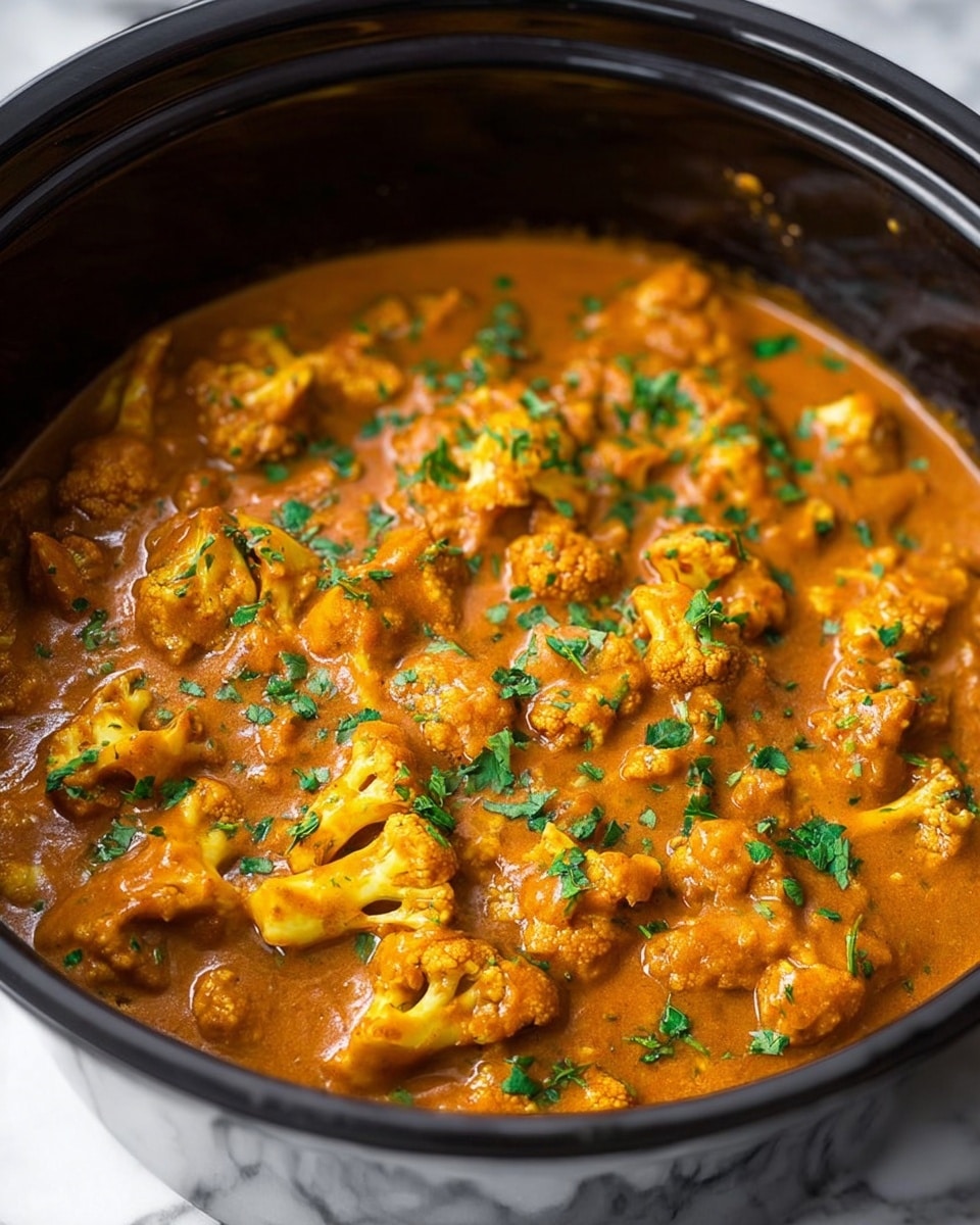 The dish is a creamy curry with small pieces of cauliflower and chunks of another vegetable or protein coated in a rich orange-brown sauce. The sauce looks smooth and thick, covering each piece evenly. Bright green chopped herbs are sprinkled on top, adding a fresh contrast. The food is inside a black cooking pot with a glossy finish, and the background is a white marbled texture. Photo taken with an iphone --ar 4:5 --v 7