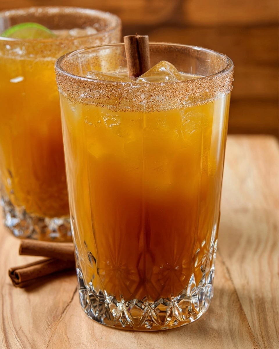Two clear glasses filled with light brown apple cider over ice are shown on a white marbled texture. Each glass has a thick rim coated with large sugar crystals, sparkling under light. Inside the drink, thin slices of red and white apple float alongside two cinnamon sticks, standing upright. The drink’s surface is slightly bubbly, and the overall look is warm and cozy with a hint of fall. Photo taken with an iphone --ar 4:5 --v 7