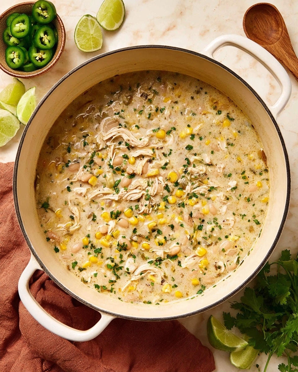 A white pot filled with a creamy soup that has a mix of light beige broth with visible pieces of yellow corn, light brown beans, and shredded white chicken scattered throughout. The soup is topped with finely chopped green herbs sprinkled evenly on the surface. The pot sits on a soft rust-colored cloth next to a wooden spoon. Around the pot on a white marbled countertop are lime wedges, whole lime, garlic, fresh cilantro, a small bowl with sliced green jalapeños, and a whole onion. The scene is warm and inviting, showing a fresh homemade meal. photo taken with an iphone --ar 4:5 --v 7