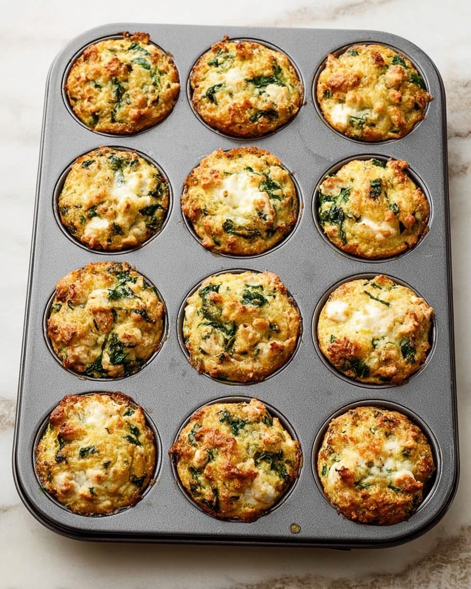 A muffin tray holds twelve savory muffins with a golden brown crust. Each muffin is textured with visible bits of green spinach and lighter pieces of what looks like cooked chicken or cheese, creating a mix of creamy white and dark green colors throughout. The muffins have a slightly rough and uneven surface, showing a baked, firm texture with lightly browned edges. The tray sits on a white marbled surface. Photo taken with an iphone --ar 4:5 --v 7