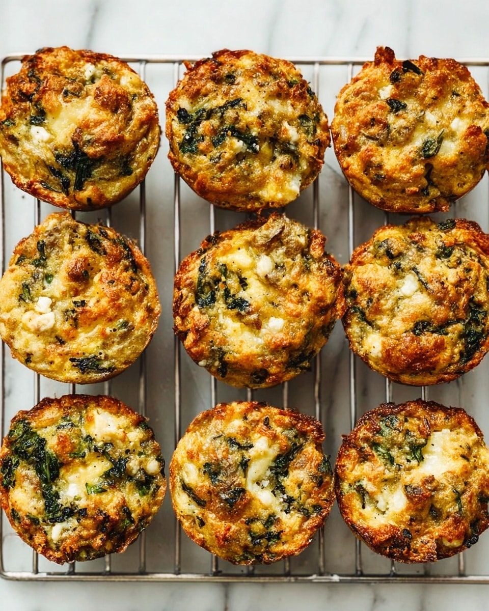The image shows nine savory muffins arranged in three rows of three on a metal cooling rack, placed over a white marbled surface. Each muffin has a rough, golden-brown crust with a textured top made of mixed ingredients like chopped greens and small chunks of white cheese or eggs, giving a speckled green and creamy white appearance. The muffins have a slightly uneven, homemade look with visible crispy edges and soft, fluffy interiors peeking through. The overall color palette mixes warm golden browns with dark green and creamy white bits, indicating a savory vegetable and cheese composition. Photo taken with an iphone --ar 4:5 --v 7