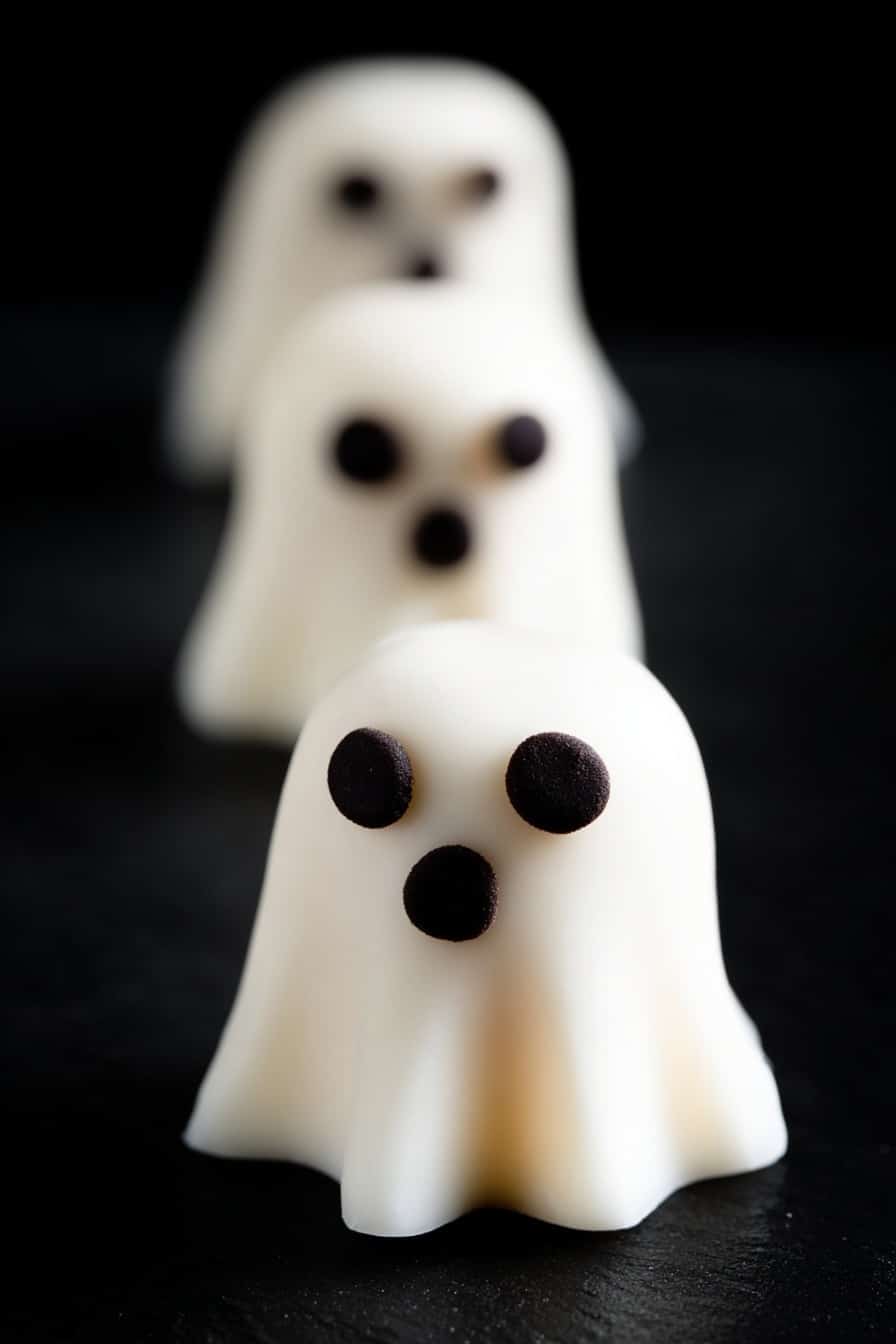 Marshmallow Ghosts Halloween Treats, easy Halloween treats, fun kids' Halloween snacks, spooky holiday desserts, Halloween party sweets - The image shows a row of three small ghost-shaped treats made from smooth white icing or fondant, each with two round black eyes and a round black nose-like decoration. The treats have a sheet-like shape that flows slightly at the bottom corners to mimic a ghost. The focus is on the closest ghost, with the other two blurred in the background, all placed on a black surface that contrasts with their white color. photo taken with an iphone --ar 2:3 --v 7