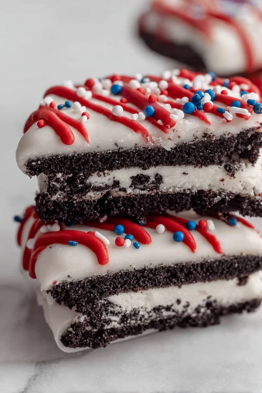 White Chocolate Dipped 4th of July Oreos, patriotic Oreo treats, 4th of July dessert ideas, easy holiday cookies, festive Oreo dessert - The image shows a close-up of two sandwich cookie halves stacked on top of a whole cookie. Each cookie has two dark chocolate layers with a light cream layer in the middle. The cookies are covered in smooth white coating with red icing dripping down the sides and small red, white, and blue sprinkles scattered on top and around the cookies. The cookies rest on a white marbled surface with a soft-focus background showing more decorated cookies. Photo taken with an iphone --ar 2:3 --v 7