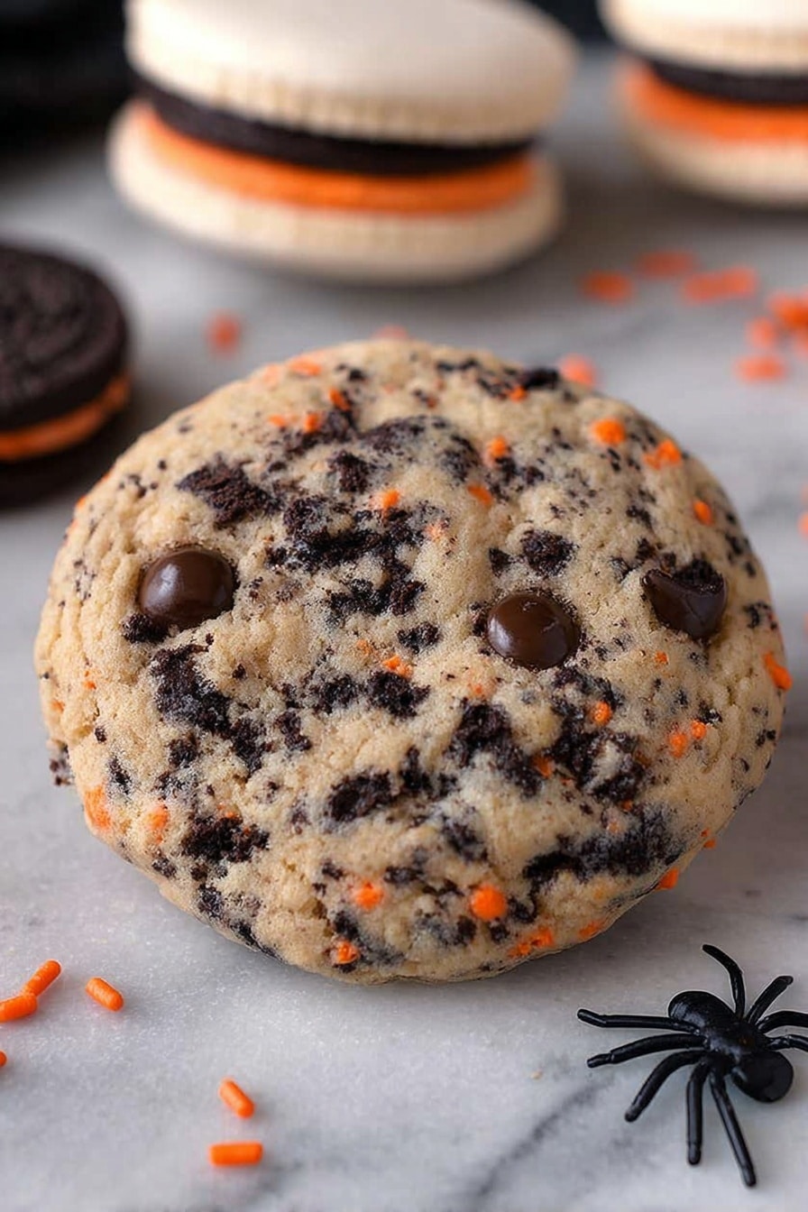 Halloween Oreo Stuffed Chocolate Chip Cookies, festive Halloween cookies, Halloween dessert ideas, Oreo stuffed cookies, chocolate chip cookie recipes - A close-up image shows a dessert with three black and orange sandwich cookies stacked vertically on a brown surface. On top of this stack sits a half-sphere of cookie dough with black and orange cookie pieces embedded inside. The dough is light beige with visible chocolate chips mixed in. Small black and orange round sprinkles are scattered nearby. The background is blurred but shows more similar cookie dough balls. photo taken with an iphone --ar 2:3 --v 7