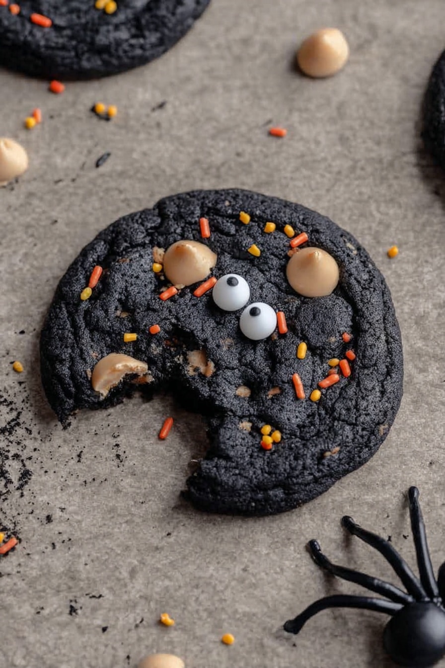 Halloween Black Monster Cookies, spooky Halloween cookies, black cocoa cookies, chocolate peanut butter cookies, Halloween dessert ideas - A dark black cookie with a bite taken from its side lies on a beige textured surface. The cookie has several light tan chips scattered across its top along with small orange and yellow sprinkles. Two white candy eyes with black pupils are placed near the center, giving the cookie a playful face-like look. A plastic black spider sits to the right of the cookie, adding a spooky touch. photo taken with an iphone --ar 2:3 --v 7