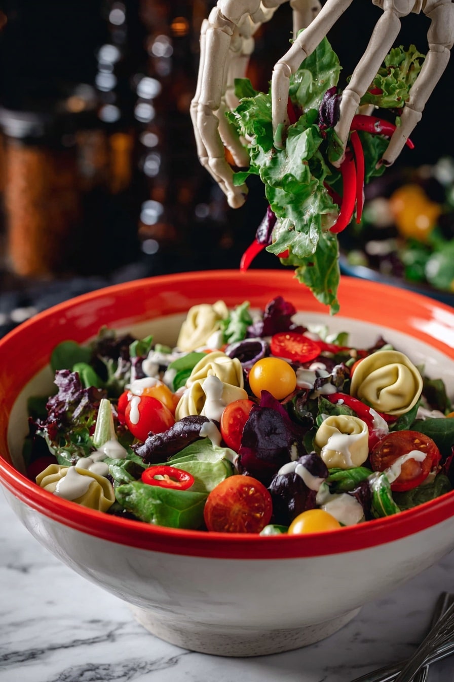 Spooky Halloween Salad with Colorful Tortellini, fun Halloween party recipes, Halloween pasta salad, festive spooky salads, Halloween appetizer ideas - A round bowl with an orange rim dotted with white spots holds a colorful salad on a white marbled surface. The base is made of mixed leafy greens with a dark green and purple shade. On top, there are bright orange, purple, and green tortellini pasta scattered evenly. Small orange grape tomatoes and ring slices of orange and red mini bell peppers add more color. Thin red strips, resembling dried pepperoni, are spread through the salad. Black olive slices punctuate the dish, and tiny white dollops shaped like skulls are placed across the entire salad, adding a spooky touch. In the background, a glass jar of dressing and parts of additional bowls with similar salad are visible, along with a skeleton prop near the bottom edge. Photo taken with an iphone --ar 2:3 --v 7