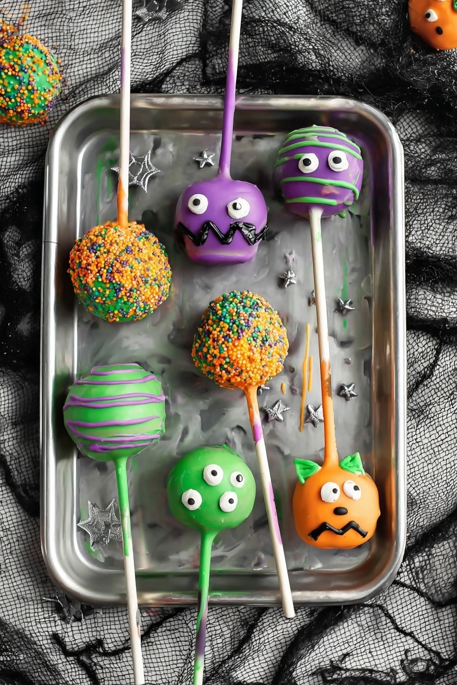 Halloween Cake Pops, Halloween Cake Pops Recipe, festive cake pops, spooky treats, Halloween party desserts - The image shows a close-up of colorful Halloween-themed cake pops on white sticks, arranged on a metal baking tray placed on a white marbled surface. The cake pops have three main designs: one is bright orange with two white candy eyes and a zigzag black mouth and two small green horns on top, resembling a monster; another is orange covered with small round sprinkles in purple, green, and orange; the third is green with small black candy eyes, looking like a monster face with a rough texture. There are additional purple and green-striped cake pops with pastel-colored drizzle. Nearby on the white marbled surface, a few other cake pops in orange and purple with green and white sticks lie scattered. Small silver star sprinkles are spread on the tray. Photo taken with an iphone --ar 2:3 --v 7
