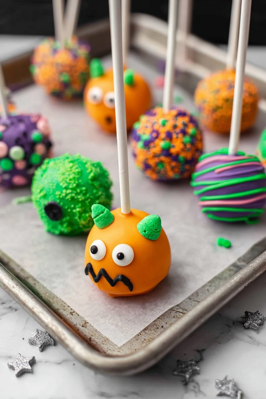 Halloween Cake Pops, Halloween Cake Pops Recipe, festive cake pops, spooky treats, Halloween party desserts - A metal tray holds six Halloween-themed cake pops, each on a colorful stick. From top to bottom, the first cake pop is green with orange and purple sprinkles, on a purple stick. The second is purple with black zigzag icing and candy eyes and little orange and green sprinkles as hair, on a green stick. The third is orange with purple and green sprinkles, on a white stick. The fourth is plain green with three white candy eyes and a black mouth, on a purple stick. The fifth is green with thin purple, yellow, and pink icing stripes, on a purple stick. The sixth is orange with two white candy eyes, black mouth, and green candy horns, on a white stick. The metal tray is on a black spider web cloth that covers a white marbled surface. Small silver star sprinkles are scattered on the tray photo taken with an iphone --ar 2:3 --v 7
