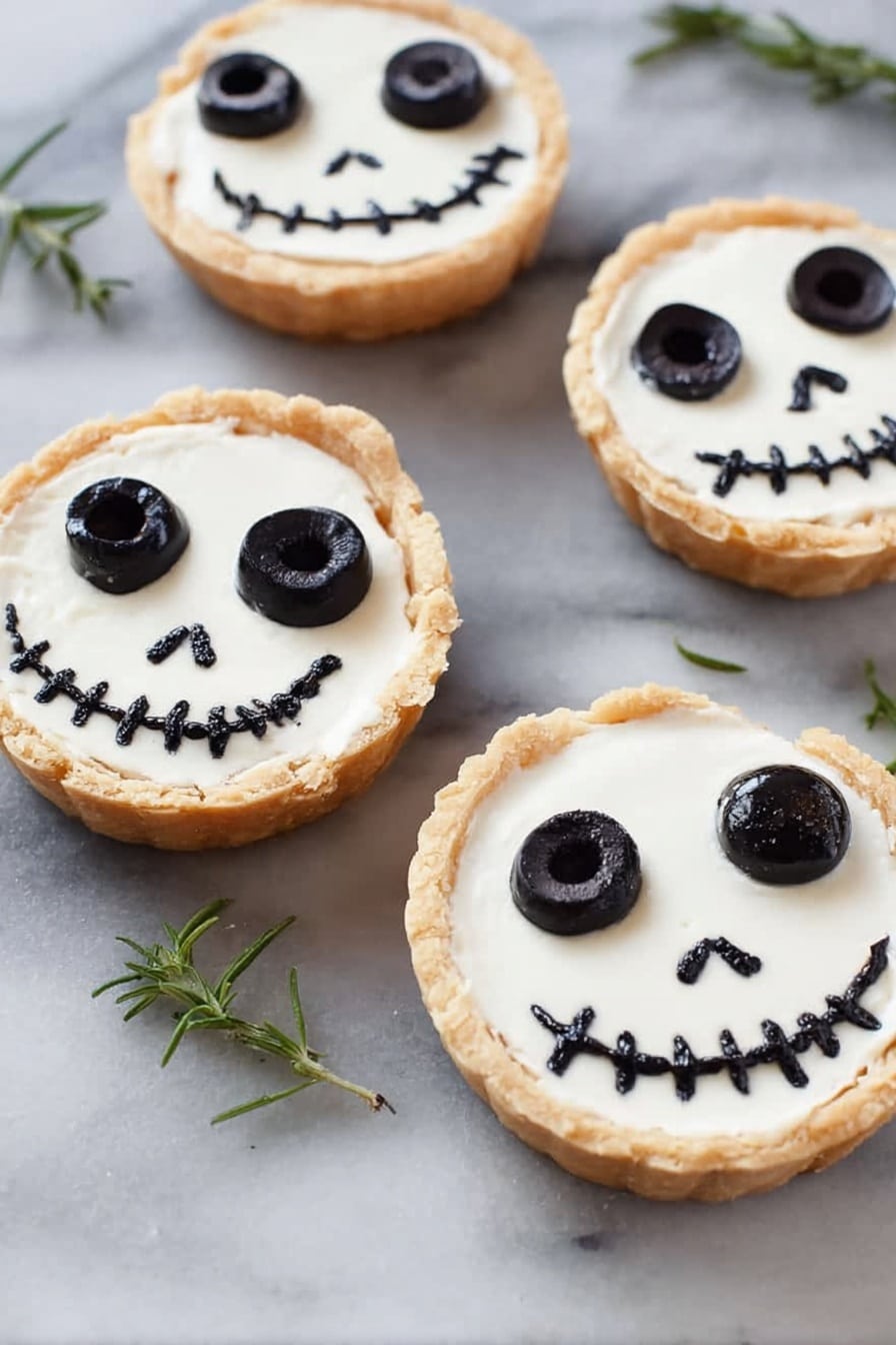 Halloween Jack Skellington Ricotta Olive Tarts, Spooky Halloween appetizers, Jack Skellington-themed tart recipe, Olive and ricotta tart appetizer, Gluten-free Halloween snacks - A small round tart with a golden crust holds a smooth, white cream layer that forms the base. On top, there are two large black olives placed as eyes near the upper part of the tart. Below them, two small black olive pieces form the nose, and a curved line of small black olive slices creates a stitched smile across the lower half. The tart sits directly on a white marbled surface, with sprigs of green herbs scattered around and a wooden bowl with black olives visible in the upper left corner. Photo taken with an iphone --ar 2:3 --v 7