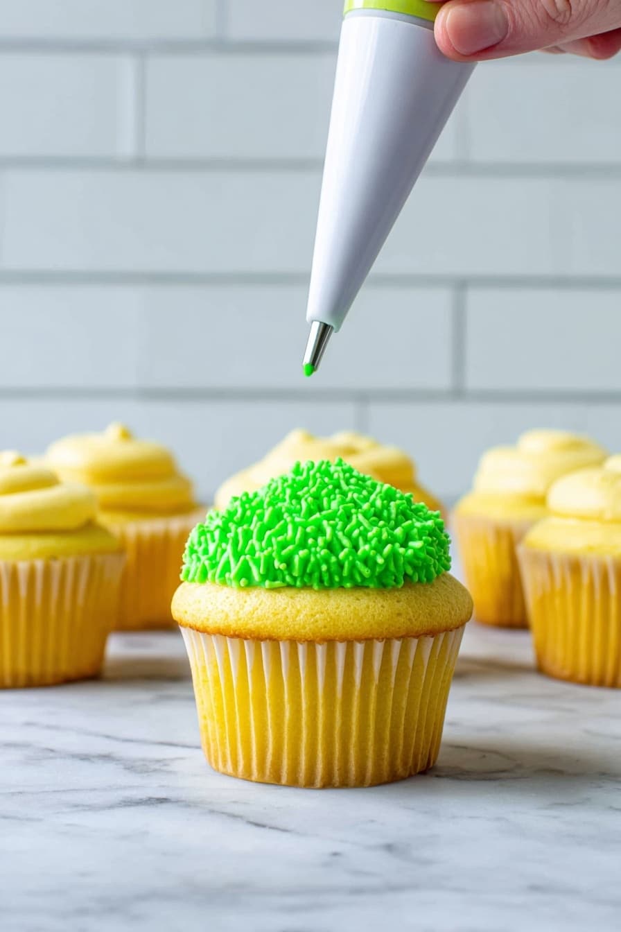 Monster Cupcakes, colorful cupcake decorating ideas, fun kids' desserts, whimsical cupcake recipes, easy monster cupcake tutorial - A single yellow cupcake with a soft, smooth top sits in the foreground on a white marbled surface, surrounded by more plain yellow cupcakes in the background. On top of the cupcake in front, bright green frosting is being piped in short, textured strands using a piping bag held by a woman's hand. The frosting adds a thick, textured layer right in the center of the cupcake's top, contrasting with the smooth yellow surface. The background features white tiled walls that create a clean and simple setting. photo taken with an iphone --ar 2:3 --v 7