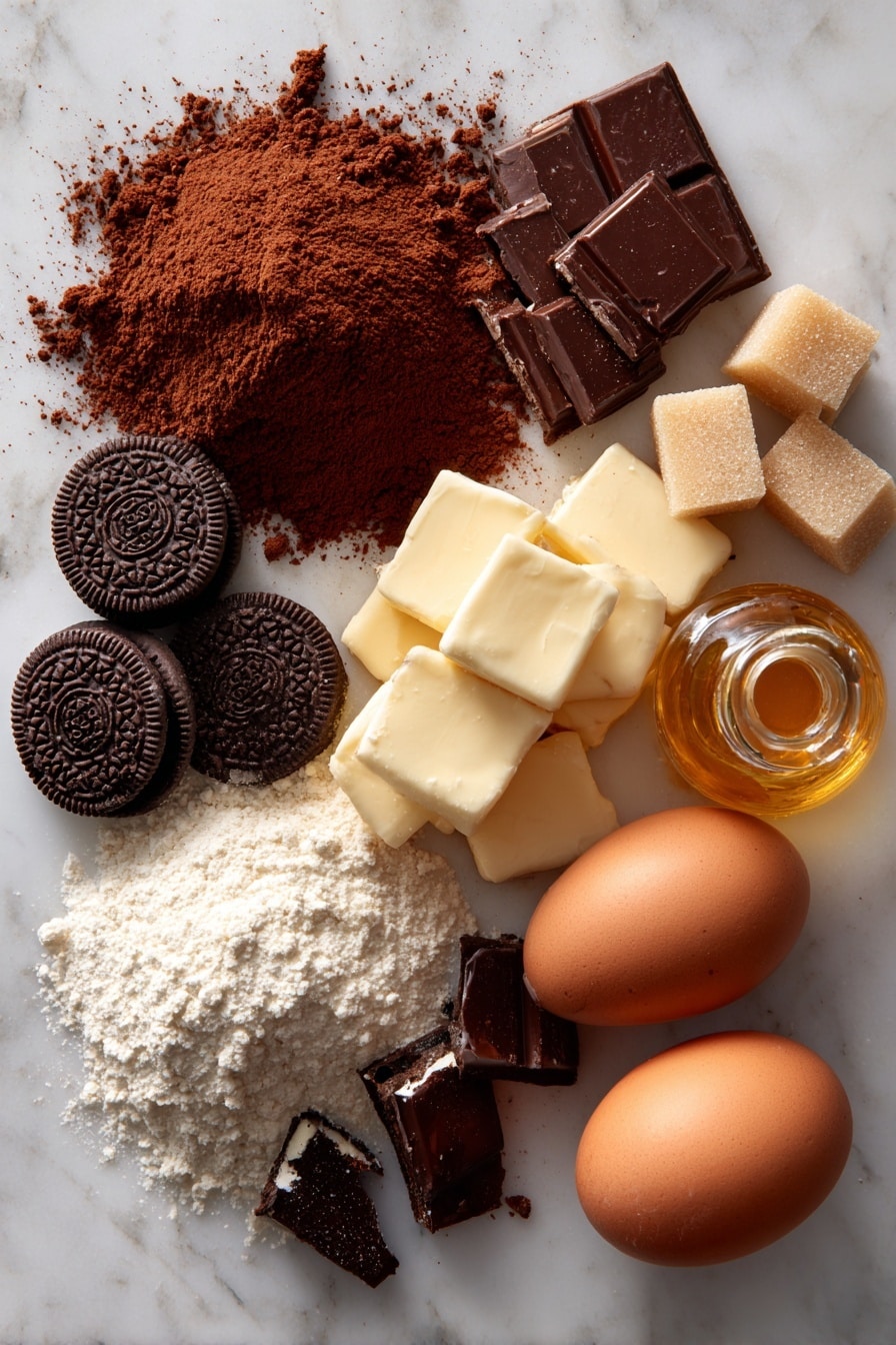 Halloween Oreo Stuffed Brownies, Halloween dessert recipes, chocolate brownie recipes, Oreo stuffed treats, spooky Halloween desserts - Flat lay of rich brown cocoa powder scattered in a small pile, smooth dark chocolate Oreos whole and crushed to show their creamy white centers, two fresh brown-speckled eggs with glossy shells, soft golden brown cubes of butter, shiny light amber brown sugar crystals next to deep reddish-brown packed brown sugar, fine pale off-white all-purpose flour in a neat mound, and a small glass bottle of golden vanilla extract with a warm amber hue, all beautifully arranged with natural shadows and textures highlighted, placed on white marbled surface, photo taken with an iphone --ar 2:3 --v 7