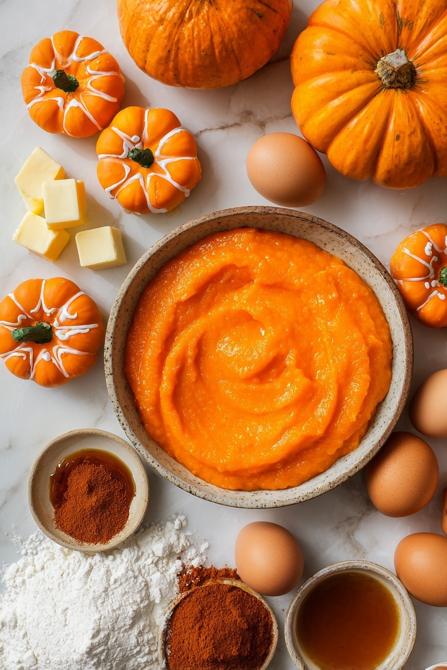 Jack-O-Lantern Halloween Pumpkin Cupcakes Salted Caramel Pumpkin Buttercream, Halloween Pumpkin Cupcakes with Salted Caramel, Fall Pumpkin Cupcake Recipe, Festive Halloween Cupcakes, Pumpkin Spice Halloween Dessert - Flat lay of bright orange pumpkin puree in a rustic bowl, whole fresh small pumpkins with rich orange skin and green stems, smooth orange fondant shaped into tiny pumpkins with delicate lines, golden cubes of salted butter, a mound of fine white powdered sugar, warm amber-colored melted caramel sauce dripping slightly, a scattering of deep brown pumpkin pie spice powder, fresh whole eggs with smooth brown shells, and a small pile of white self-raising flour with a soft powdery texture, all beautifully arranged with natural spacing placed on white marbled surface, photo taken with an iphone --ar 2:3 --v 7