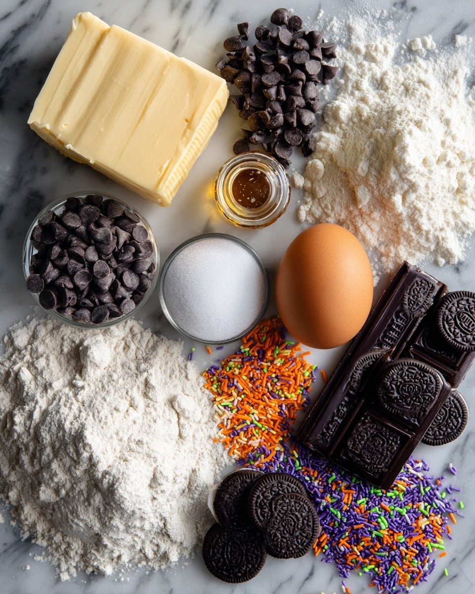 Halloween Oreo Stuffed Chocolate Chip Cookies, festive Halloween cookies, Halloween dessert ideas, Oreo stuffed cookies, chocolate chip cookie recipes - Flat lay of slightly softened pale yellow butter, rich dark brown sugar crystals, fine white granulated sugar, a single glossy brown egg, a small glass bottle of golden vanilla extract, a neat pile of soft off-white flour, smooth white corn starch powder, shiny dark semi-sweet chocolate chips scattered loosely, several unopened black and orange Halloween Oreo packs with spooky designs, and a handful of colorful Halloween sprinkles in bright orange, purple, green, and black hues, all beautifully arranged in a natural, slightly overlapping layout, placed on white marbled surface, photo taken with an iphone --ar 2:3 --v 7