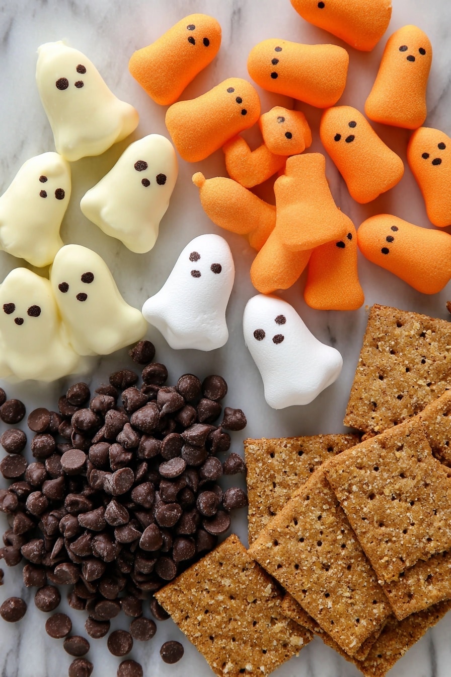 Halloween S'mores Dip with Peeps Marshmallows, Halloween dessert ideas, easy Halloween treats, festive s'mores dip, peeps marshmallow recipes - Flat lay of creamy milk and semi-sweet chocolate chips in smooth piles, ghost-shaped white Peeps marshmallows with a soft, fluffy texture, bright orange pumpkin Peeps marshmallows with a slightly glossy surface, dark mini chocolate chips scattered loosely to show their small, shiny round shapes, golden brown graham crackers with a crunchy, crumbly texture, all beautifully arranged with some chocolate chips gently spilling near the Peeps, placed on white marbled surface, photo taken with an iphone --ar 2:3 --v 7