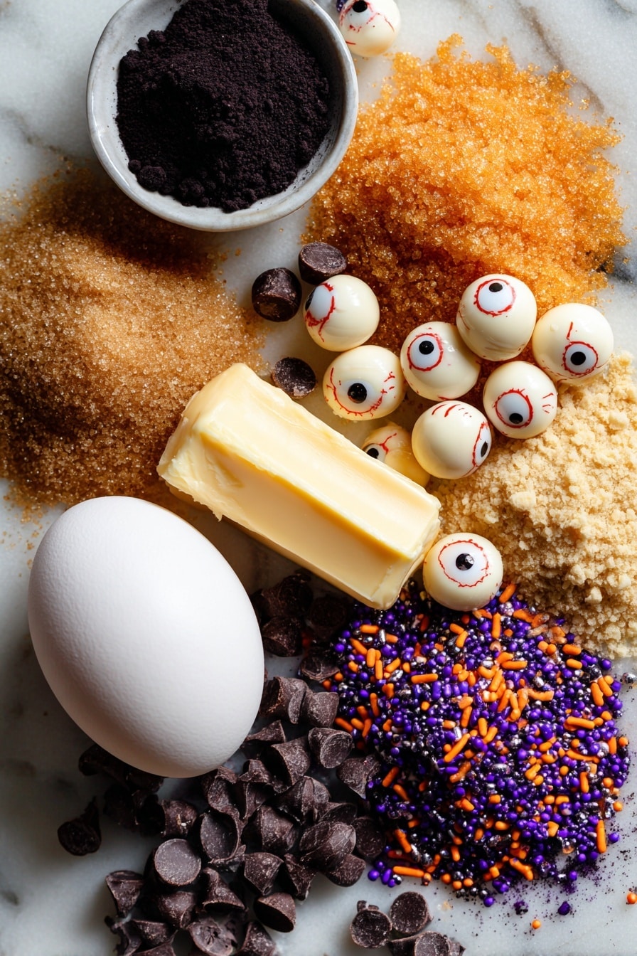 Halloween Black Monster Cookies, spooky Halloween cookies, black cocoa cookies, chocolate peanut butter cookies, Halloween dessert ideas - Flat lay of softened golden butter pats, light and dark brown sugar piles with fine crystals sparkling, a single large glossy white egg, rich black cocoa powder in a small mound with deep matte texture, creamy pale peanut butter chips scattered loosely, vibrant multicolored Halloween sprinkles in orange, purple, and black, and eerie white eyeball candies with red veins, all naturally arranged with slight overlaps and shadows, placed on white marbled surface, photo taken with an iphone --ar 2:3 --v 7