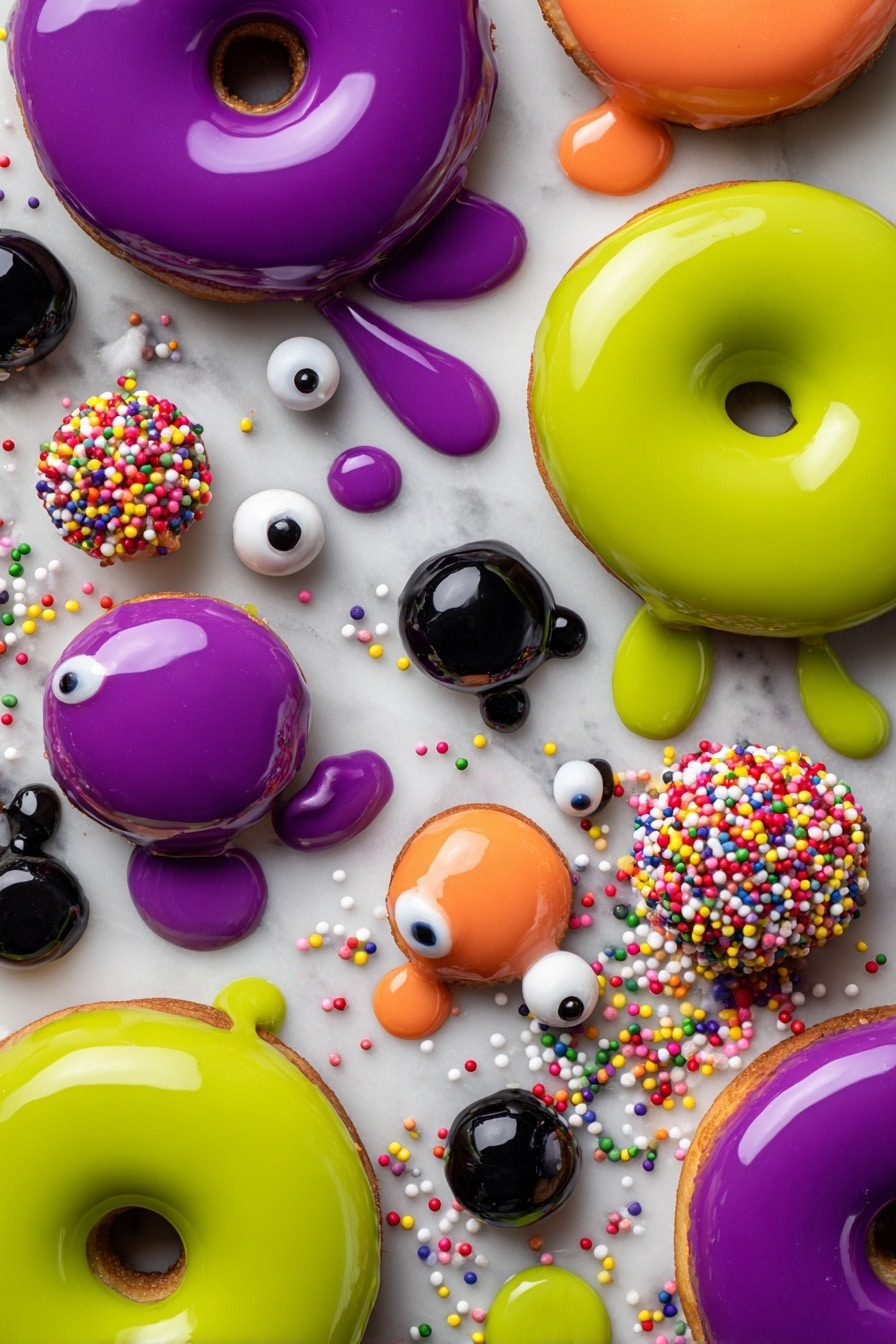 Halloween Cake Pops, Halloween Cake Pops Recipe, festive cake pops, spooky treats, Halloween party desserts - Flat lay of vibrant candy melts in green, purple, and bright orange, smooth and glossy with a soft sheen, surrounded by plain mini donuts and donut holes showing their fluffy, golden texture, scattered candy eyeballs with white and black contrasts, colorful assorted sprinkles in various shapes and sizes=