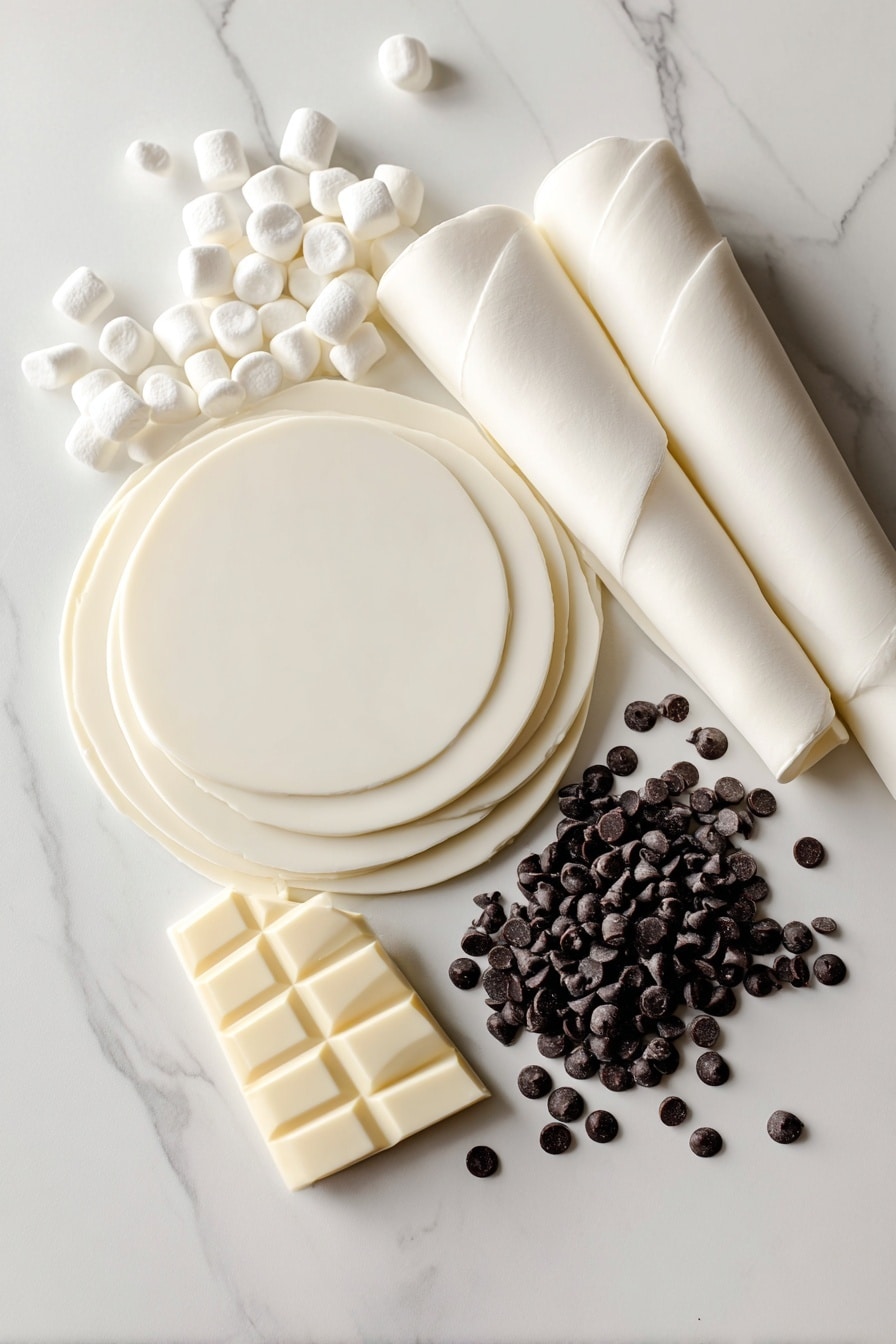 Marshmallow Ghosts Halloween Treats, easy Halloween treats, fun kids' Halloween snacks, spooky holiday desserts, Halloween party sweets - Flat lay of smooth white fondant sheets rolled thin with soft, pillowy white marshmallows scattered nearby, tiny glossy black mini chocolate chips and larger standard chocolate chips arranged in clusters, chunks of creamy white chocolate with subtle ridges, all textures contrasting beautifully against each other; the fondant’s matte finish, marshmallows’ fluffy softness, chips’ shiny surfaces, and white chocolate’s gentle cream color create a delicate Halloween-themed palette, placed on white marbled surface, photo taken with an iphone --ar 2:3 --v 7