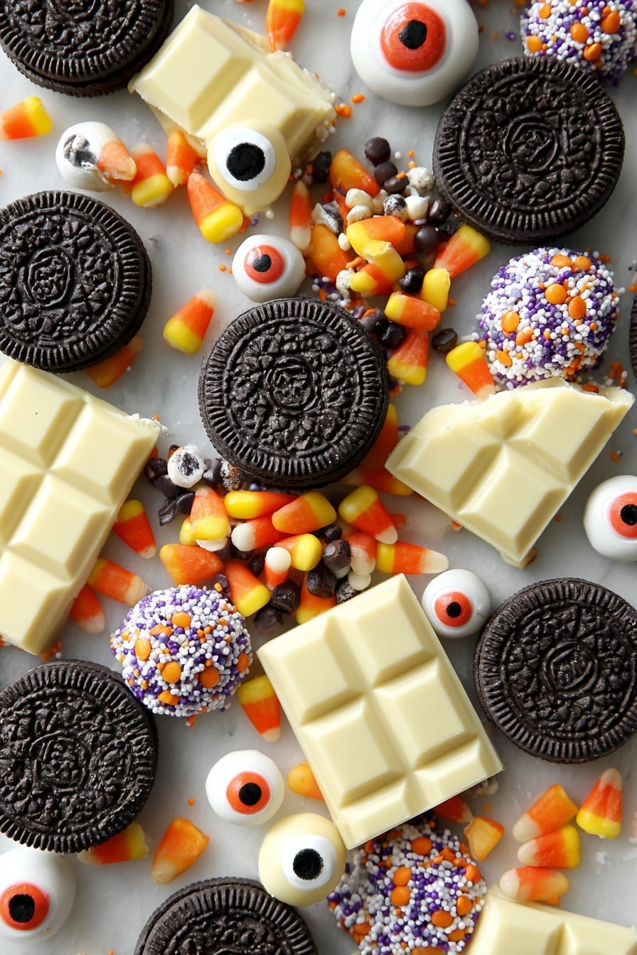 Spooky Halloween Oreo Bark, Halloween Oreo bark, Halloween chocolate treats, festive Halloween desserts, easy Halloween snack - Flat lay of whole Halloween Oreos with their dark chocolate cookies and orange, black, and white cream centers, colorful Reese's Pieces in bright orange, yellow, and brown hues, small round eyeball candies with white bases and red and black details, a variety of Halloween-themed sprinkles in orange, black, white, and purple, and smooth blocks of creamy white chocolate showing a glossy texture, all beautifully scattered and overlapping with natural shadows, placed on white marbled surface, photo taken with an iphone --ar 2:3 --v 7