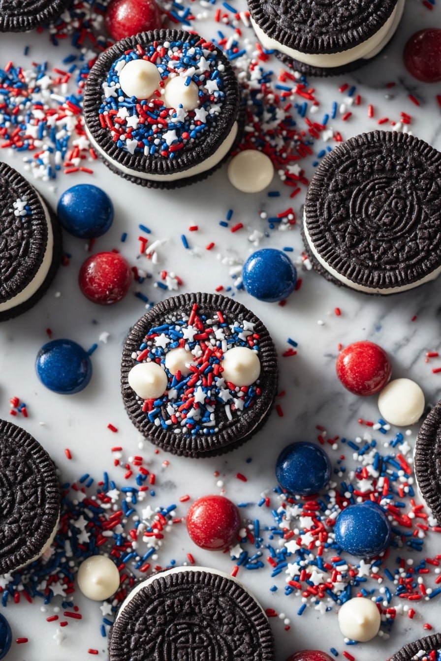 White Chocolate Dipped 4th of July Oreos, patriotic Oreo treats, 4th of July dessert ideas, easy holiday cookies, festive Oreo dessert - Flat lay of shiny black Oreo cookies with creamy white filling, smooth white chocolate chips and bright white chocolate chunks, vibrant red candy melts in small glossy pieces, deep blue candy melts broken into irregular shapes, colorful tiny patriotic sprinkles in stars and dots shapes with red, white, and blue colors, all arranged naturally with some candy melts scattered loosely among the Oreos, placed on white marbled surface, photo taken with an iphone --ar 2:3 --v 7