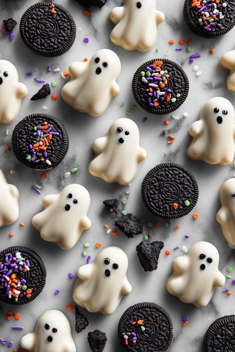 Halloween Graveyard Pudding Cups, spooky Halloween dessert, festive Halloween treats, easy Halloween pudding recipes, kids Halloween party desserts - Flat lay of glossy white chocolate dollops shaped like ghosts with smooth, creamy texture, rich black candy melts formed into delicate tree silhouettes and small eyes and mouths, smooth Milano cookies with a golden-brown color and slightly crumbly texture, velvety dark chocolate instant pudding powder, deep black crushed Oreo cookie crumbs with rough, crumbly edges, colorful Halloween sprinkles in bright orange, purple, and green hues, and cold fresh milk in a clear glass, all beautifully arranged with contrasting colors and textures, placed on white marbled surface, photo taken with an iphone --ar 2:3 --v 7