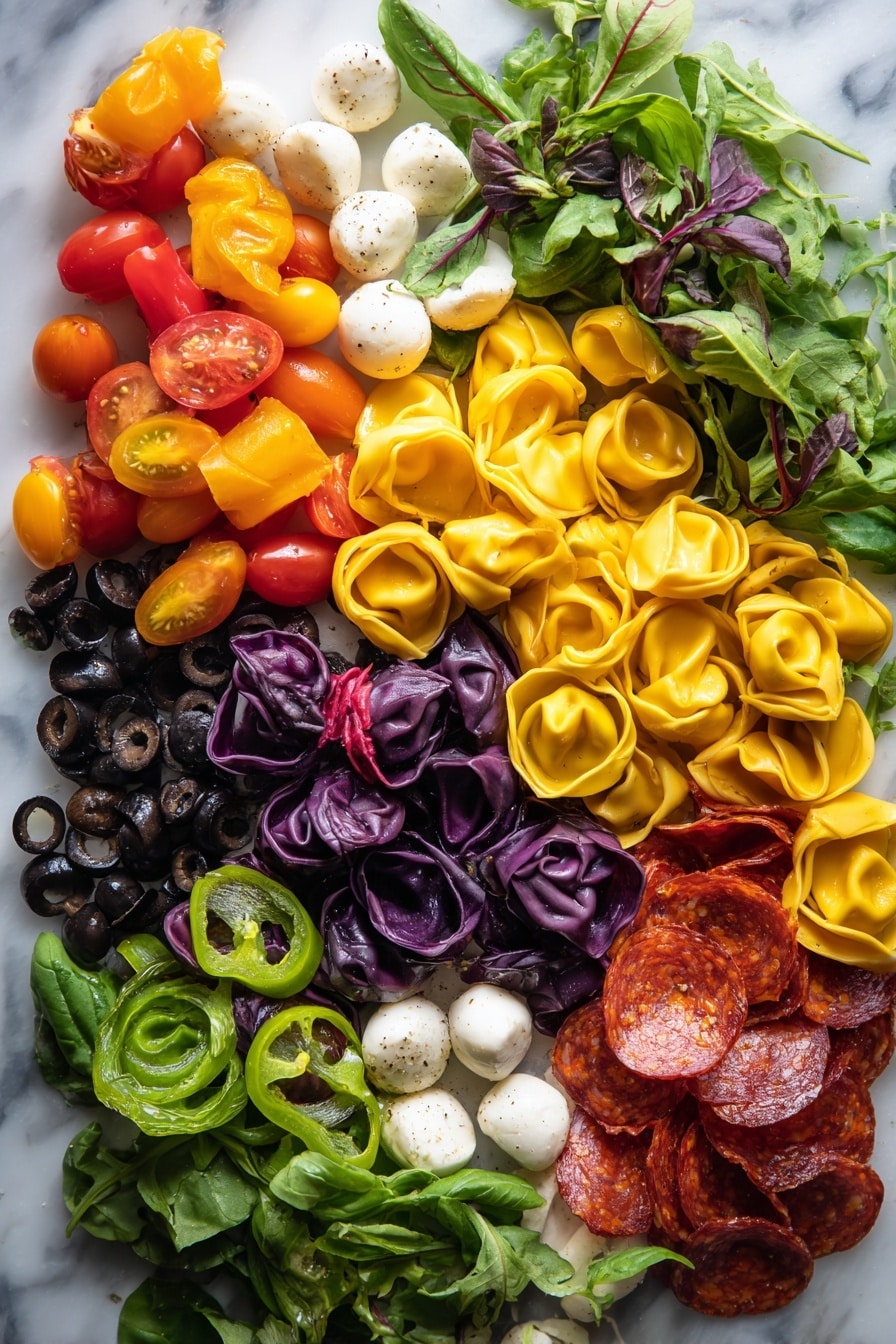 Spooky Halloween Salad with Colorful Tortellini, fun Halloween party recipes, Halloween pasta salad, festive spooky salads, Halloween appetizer ideas - Flat lay of colorful tortellini dyed in bright orange, deep green, and rich purple hues, fresh bright red cherry tomatoes sliced in halves, glossy black kalamata olives cut into rings, crisp thinly sliced mini sweet peppers in shades of yellow, orange, and red, vibrant green spring mix leaves with varied textures, small smooth white mozzarella balls shaped like skulls, and thick-cut pepperoni pieces with a reddish-brown tone arranged naturally with some overlapping and scattered, placed on white marbled surface, photo taken with an iphone --ar 2:3 --v 7