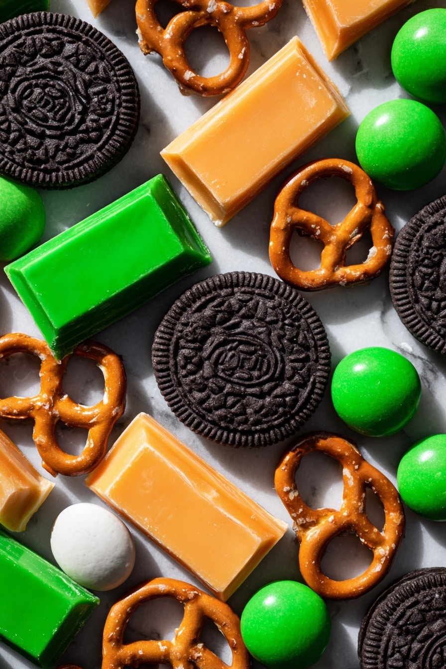 Halloween Pumpkin Cookies, Halloween Pumpkin Cookies recipe, festive pumpkin cookies, Oreo pumpkin cookies, fun Halloween treats - Flat lay of whole Oreo sandwich cookies with their dark chocolate edges and creamy centers visible, bright orange white chocolate bark pieces with a smooth glossy texture from added orange food coloring, solid white coconut oil chunks with a slightly waxy appearance, vibrant green candy-coated milk chocolates halved to show their shiny shells and milk chocolate centers, small twisted pretzel pieces with a golden brown crunchy texture, all artfully scattered and overlapping with natural shadows and highlights, placed on white marbled surface, photo taken with an iphone --ar 2:3 --v 7