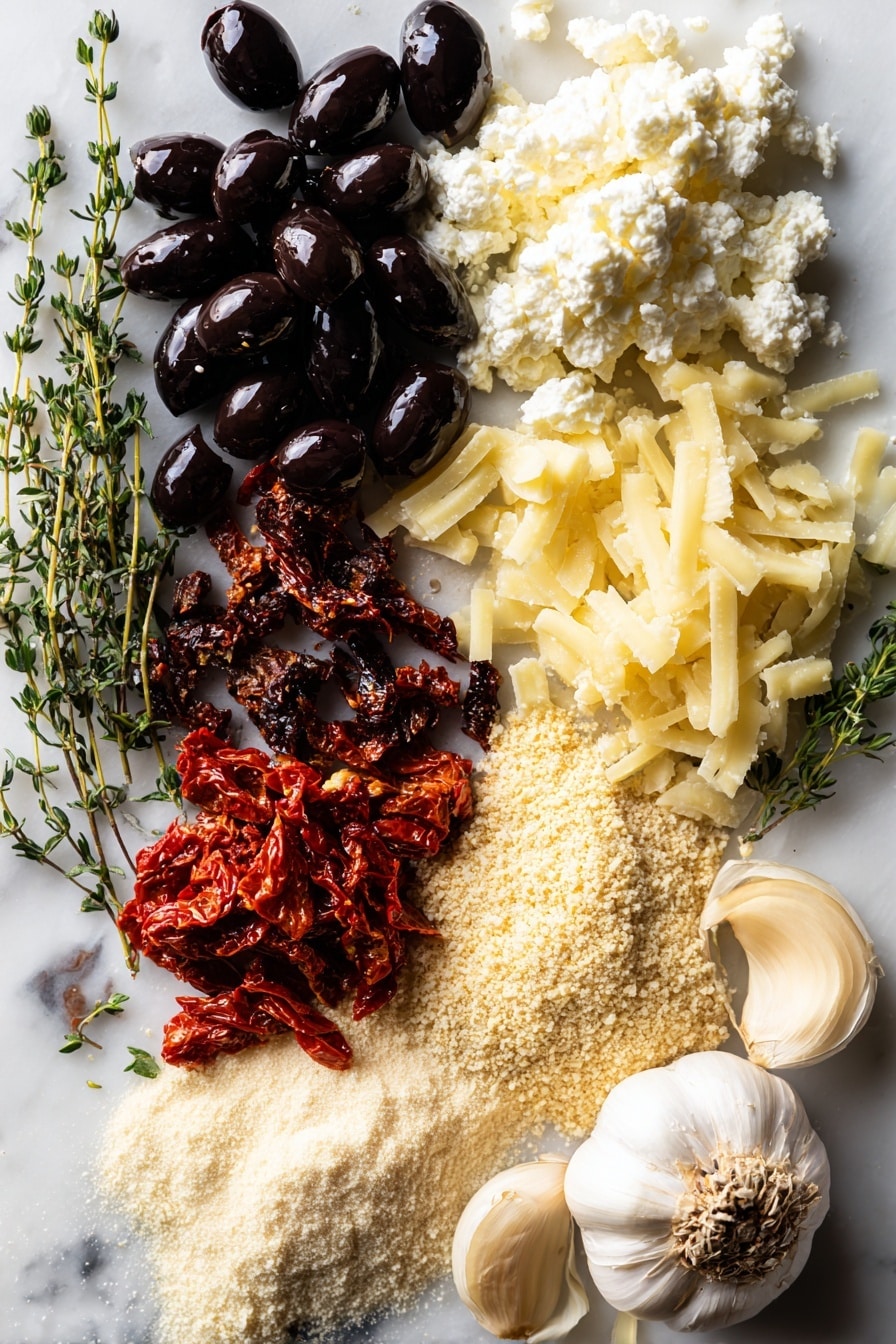 Halloween Jack Skellington Ricotta Olive Tarts, Spooky Halloween appetizers, Jack Skellington-themed tart recipe, Olive and ricotta tart appetizer, Gluten-free Halloween snacks - Flat lay of shiny black olives whole and sliced into thin strips and small ovals, bright deep red julienned sun-dried tomatoes with a slightly oily sheen, fresh green thyme leaves scattered gently, creamy white ricotta cheese with a soft, smooth texture, a small pile of grated pale yellow parmesan cheese with a crumbly look, a few fresh garlic cloves with papery white skin and smooth curves, raw egg whites in a translucent state with a glossy finish, and a small mound of mixed gluten-free flours in soft beige tones, all beautifully arranged in an inviting natural pattern, placed on white marbled surface, photo taken with an iphone --ar 2:3 --v 7