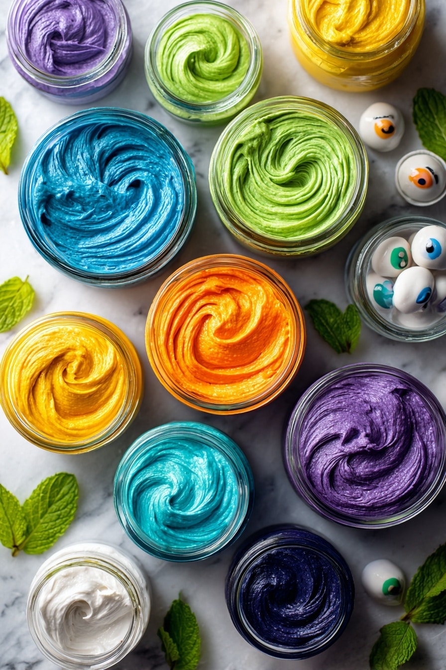 Monster Cupcakes, colorful cupcake decorating ideas, fun kids' desserts, whimsical cupcake recipes, easy monster cupcake tutorial - Flat lay of vibrant scoops of buttercream frosting in bright blue, green, orange, purple, and yellow hues, glossy and smooth with soft swirls; scattered shiny candy eyes in various sizes=
